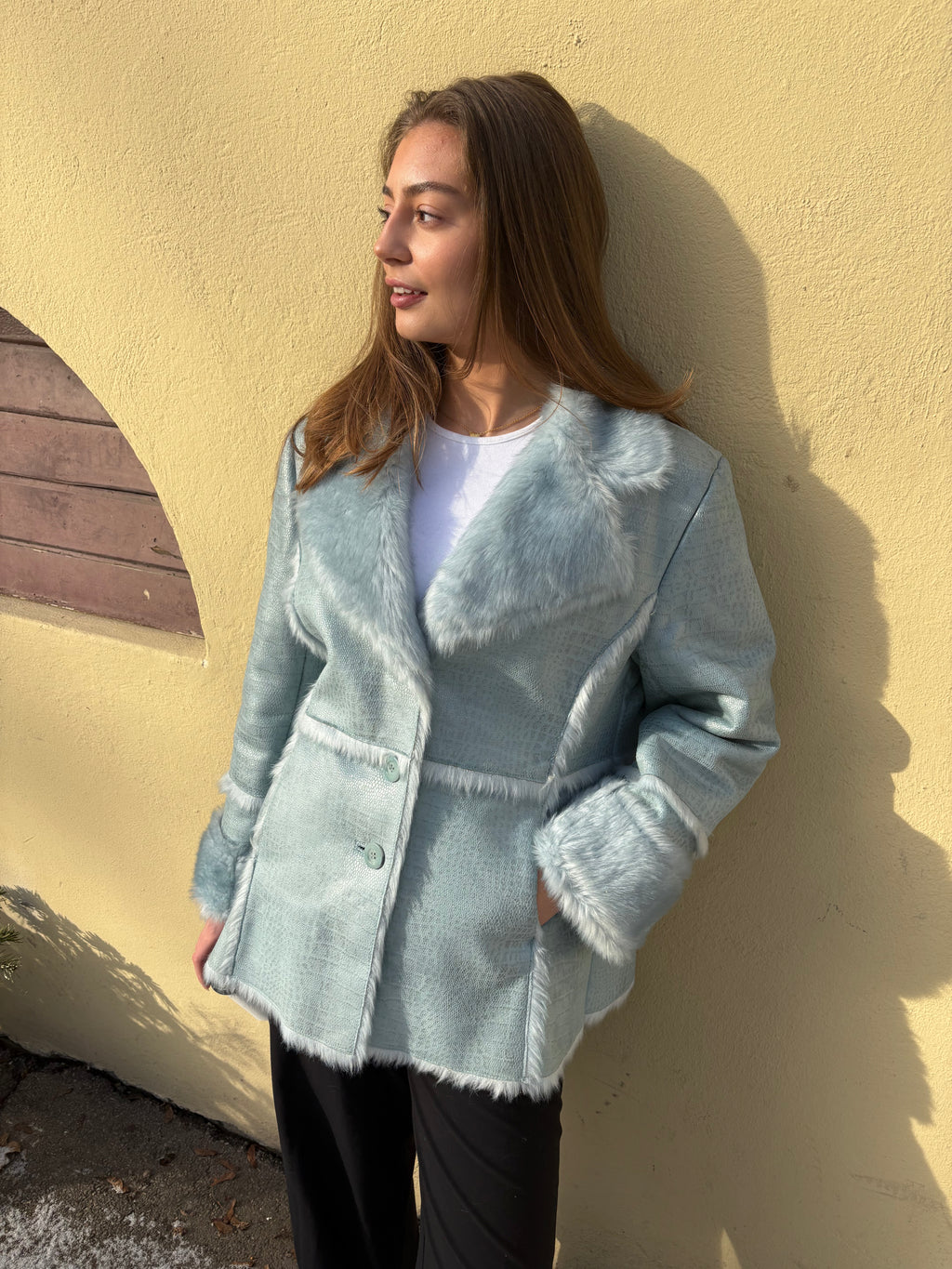 Y2K Ice Blue Afghan Fur Trim Coat
