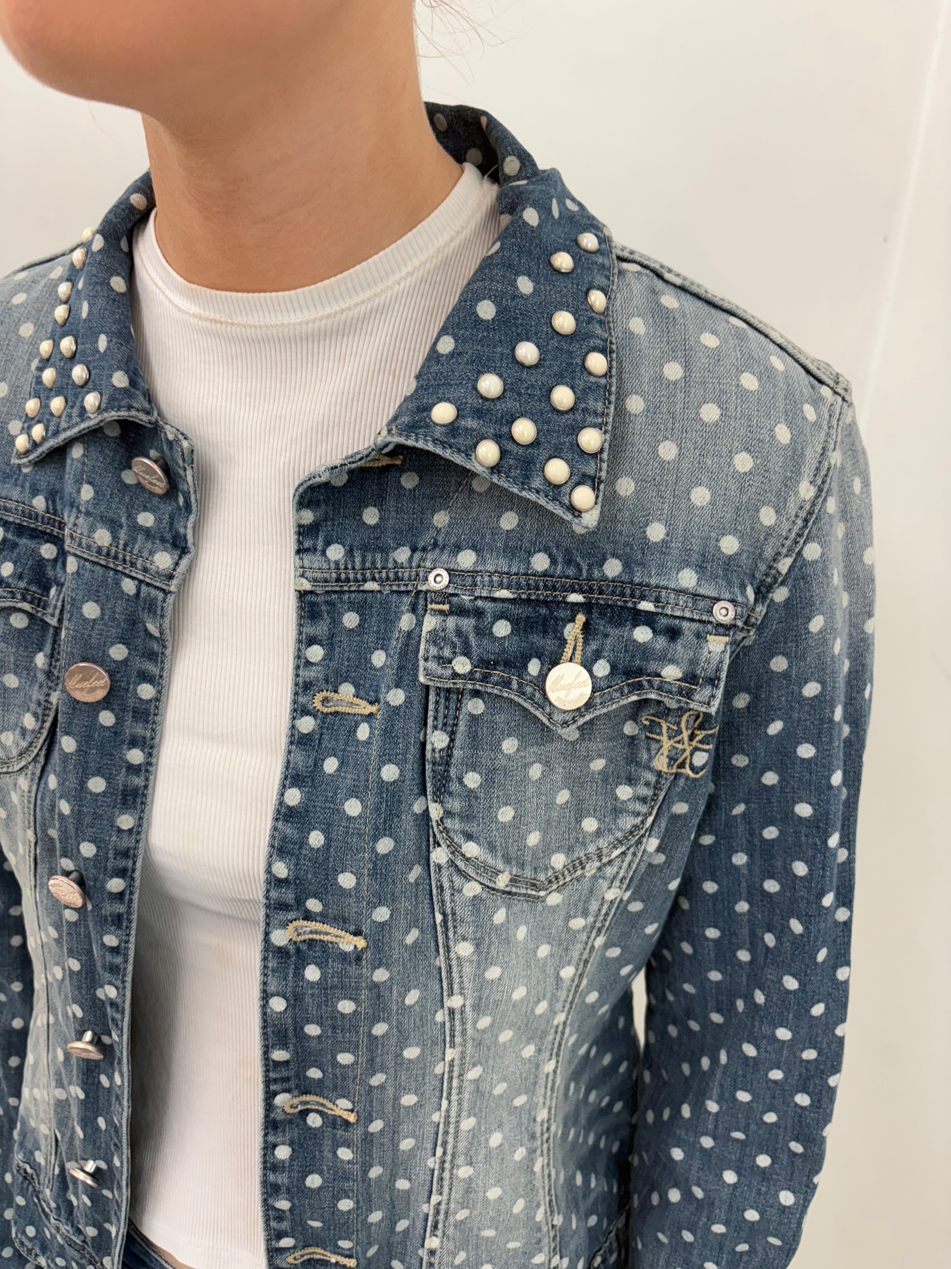 Denim Polka Dot Jacket with Pearl Collar Detail