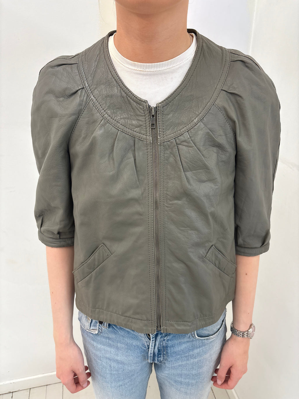 Grey-Olive Leather Cropped Jacket
