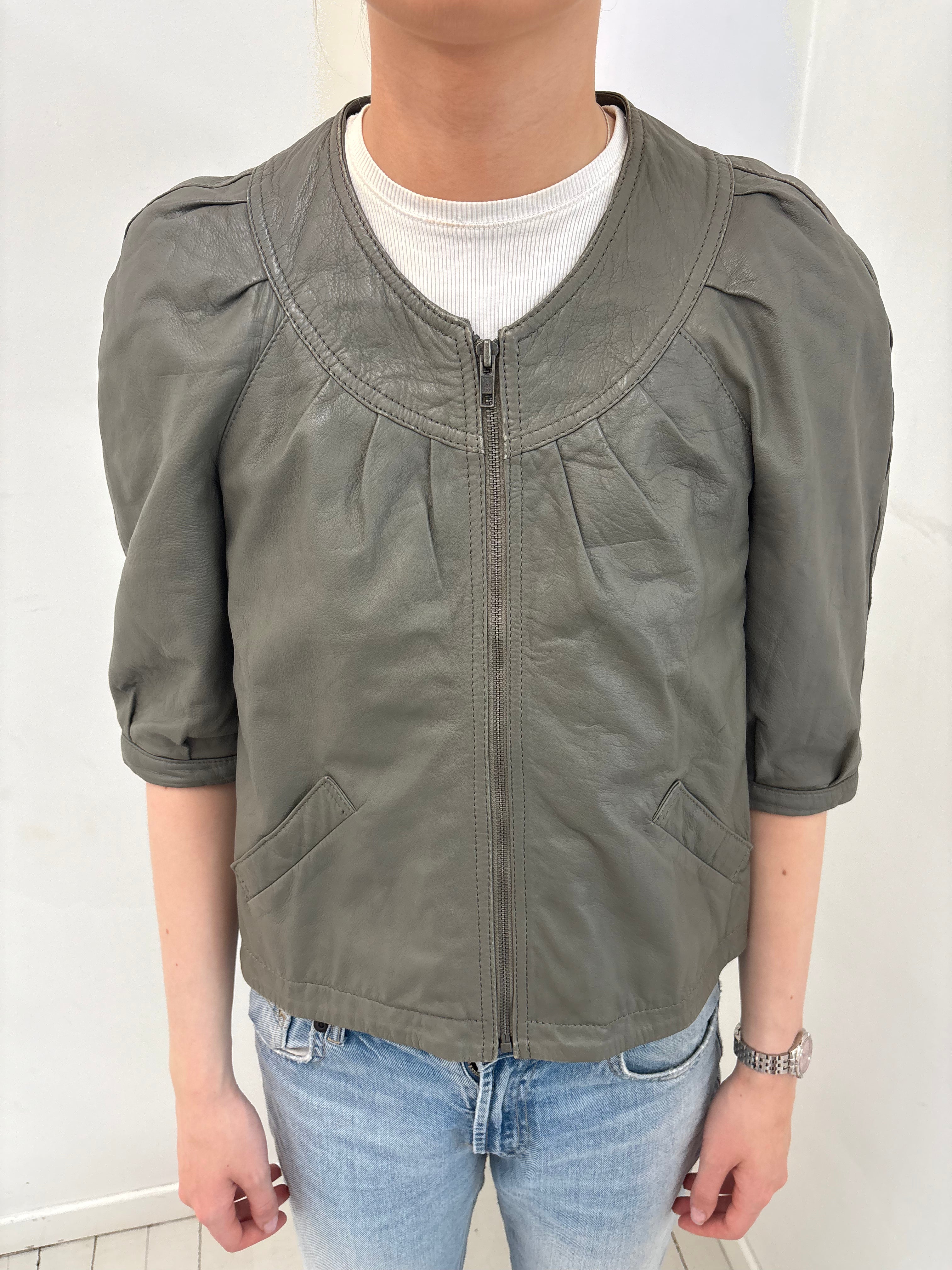 Grey-Olive Leather Cropped Jacket