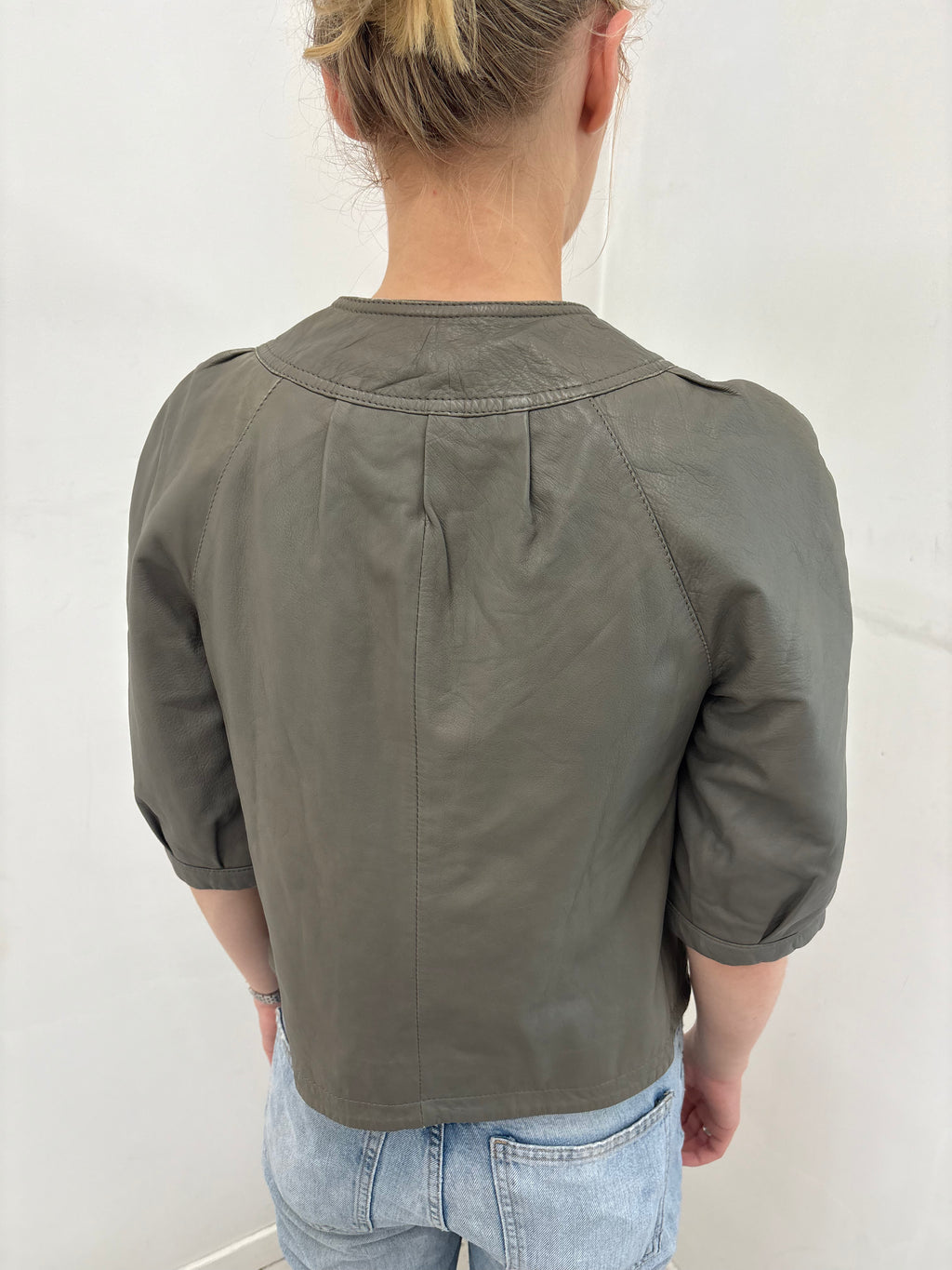 Grey-Olive Leather Cropped Jacket