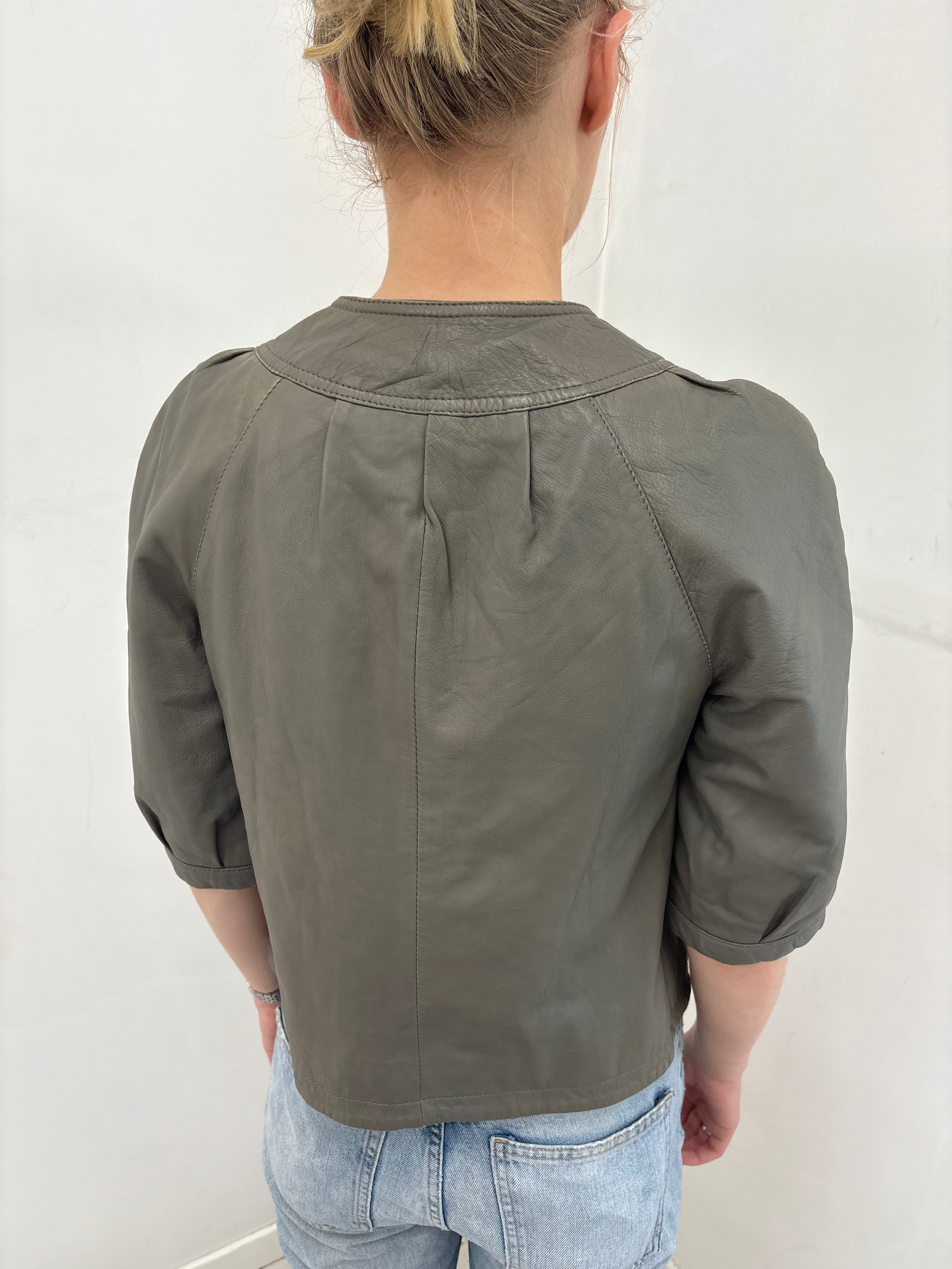 Grey-Olive Leather Cropped Jacket