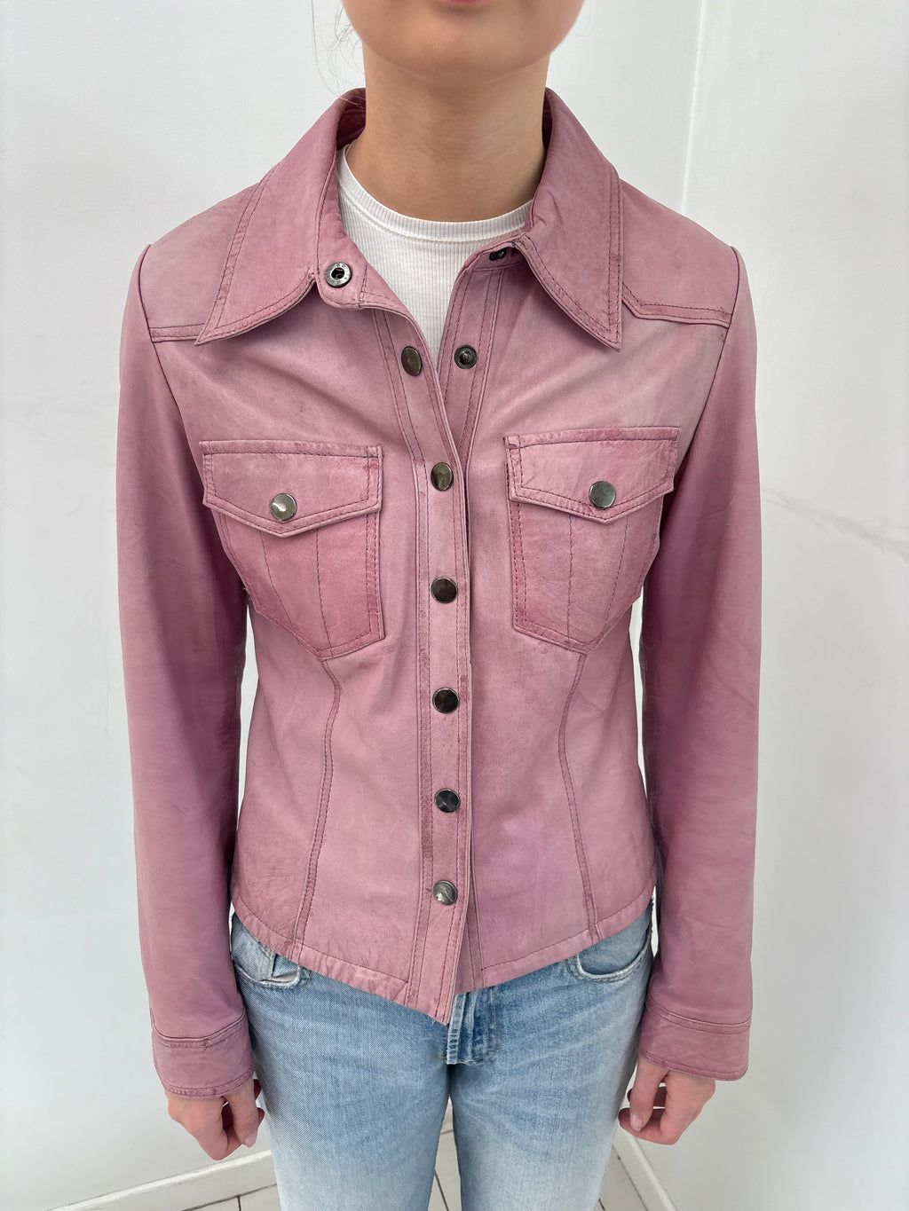 Pink Leather Snap-Button Jacket