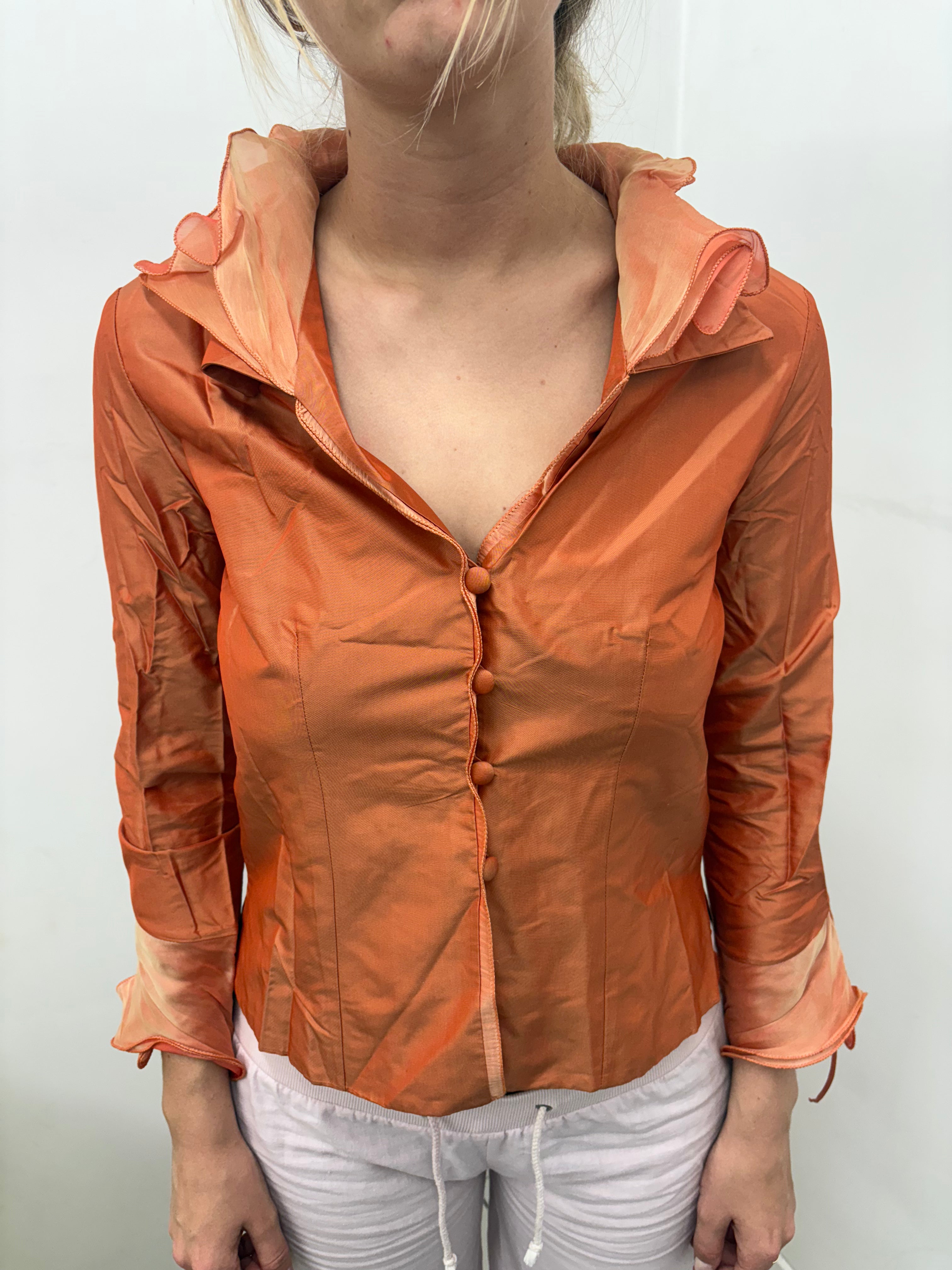 Burnt Orange Ruffled Collar Fitted Blouse
