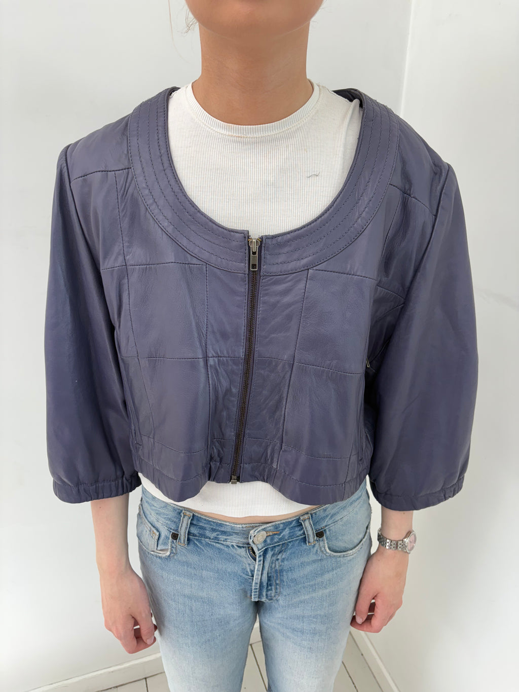 Dark purple Leather Cropped Jacket
