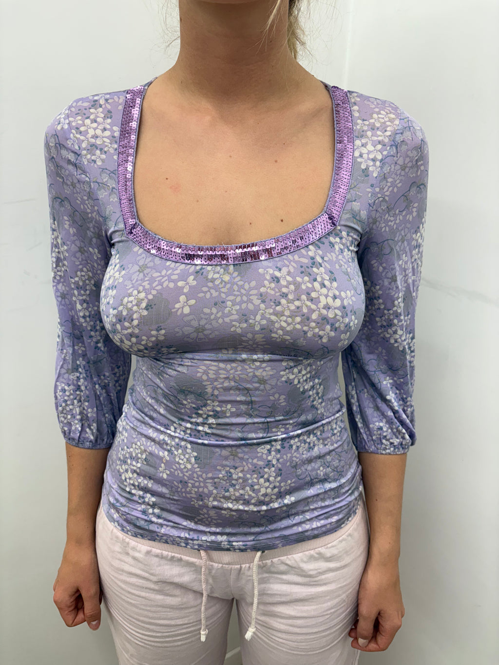 Lavender Floral Sequin Trim Y2K Fitted Top