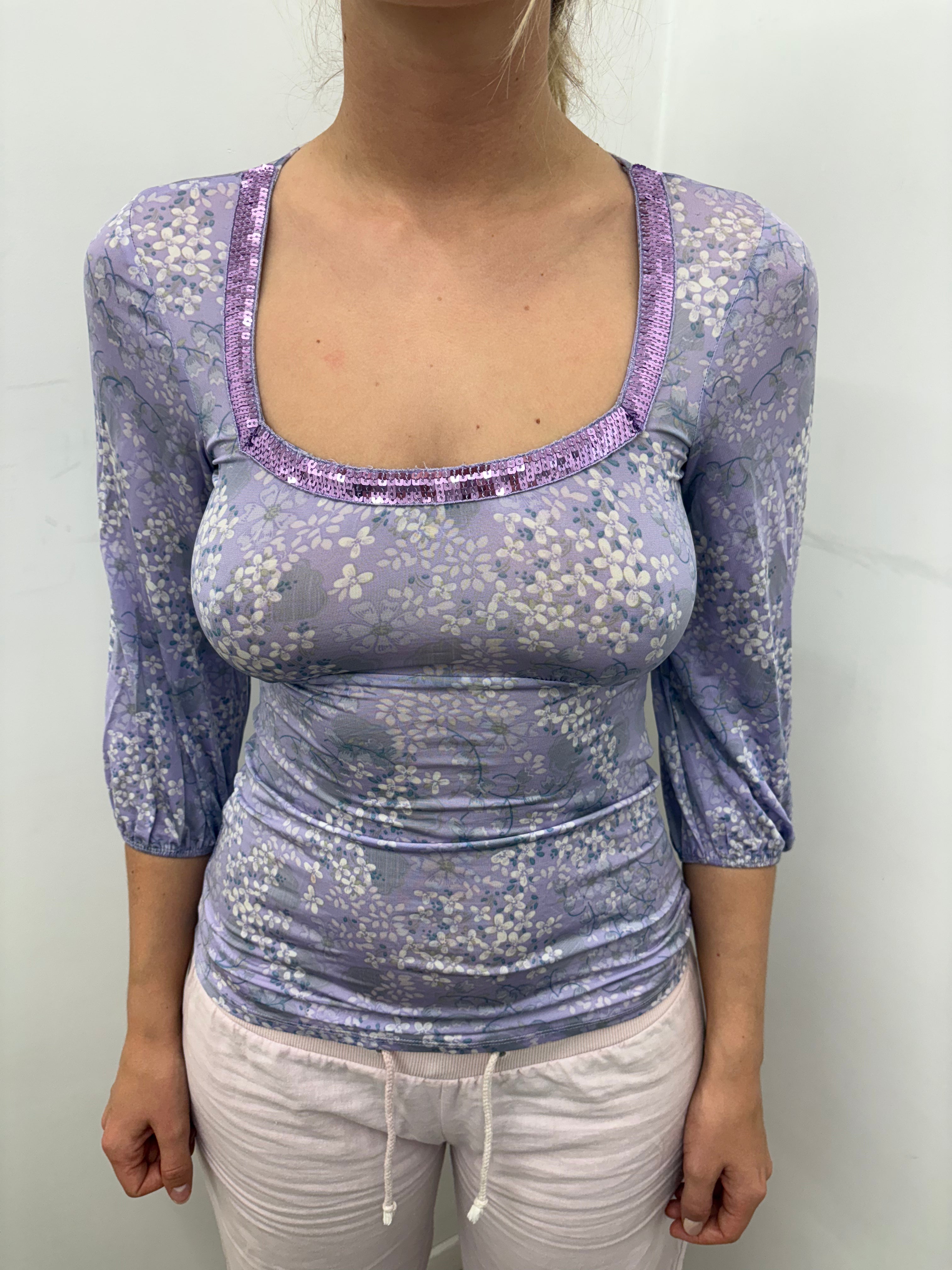 Lavender Floral Sequin Trim Y2K Fitted Top
