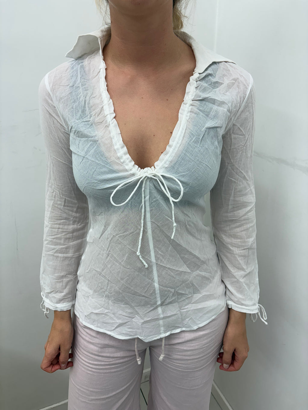 White Sheer Deep-V Tie-Front Boho Blouse