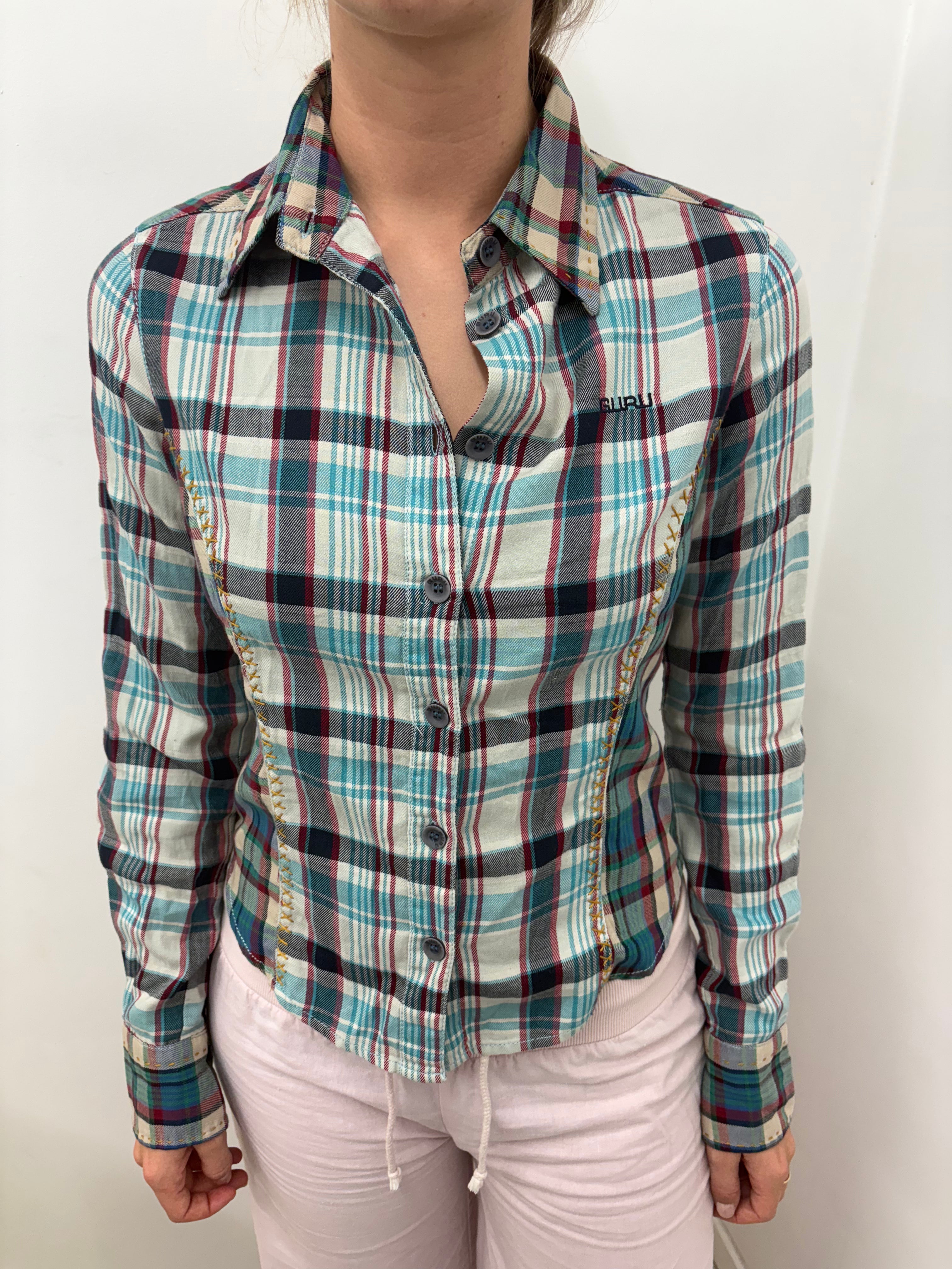 Y2K Fitted Plaid Flannel Button-Up Shirt