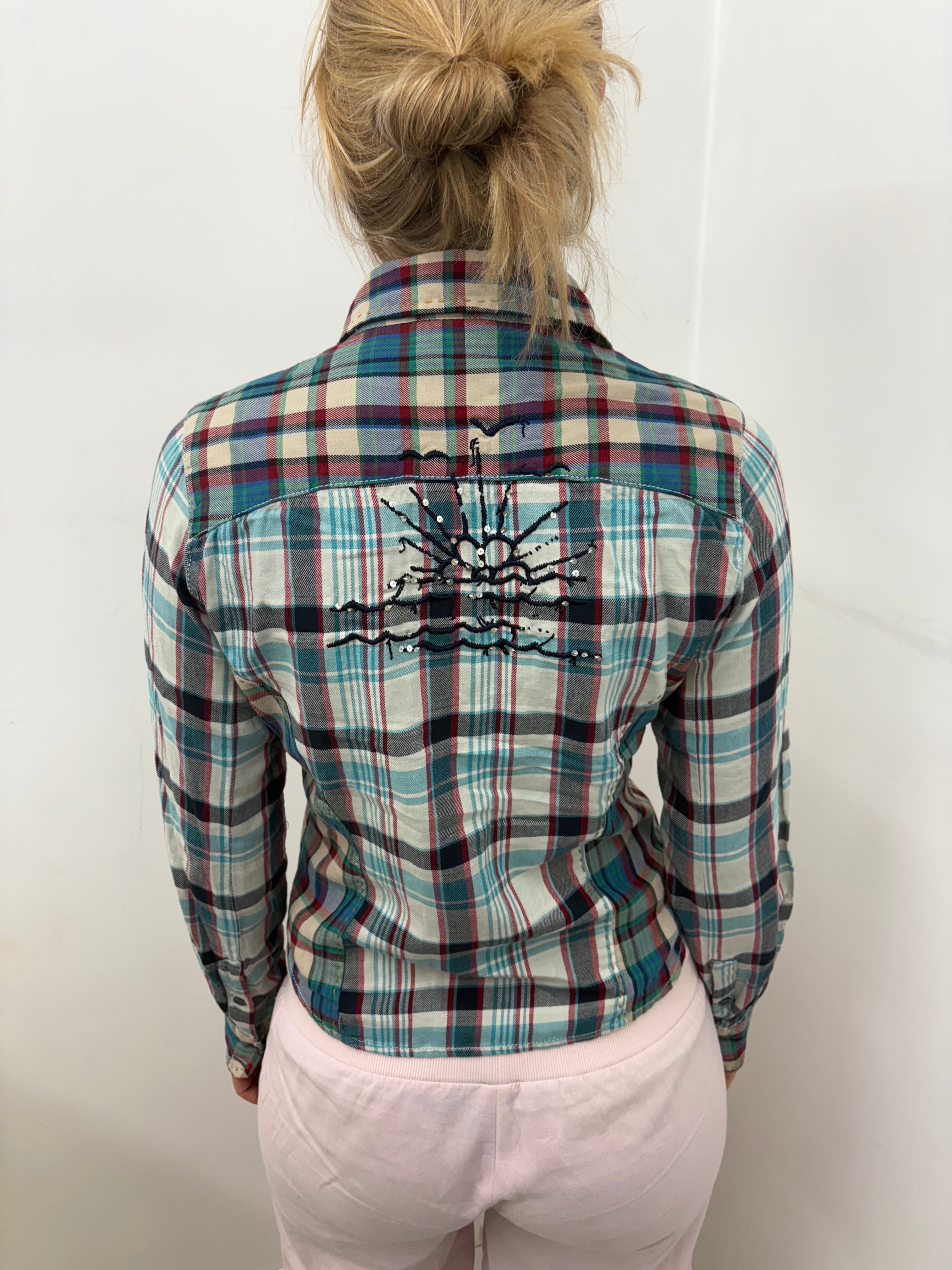 Y2K Fitted Plaid Flannel Button-Up Shirt