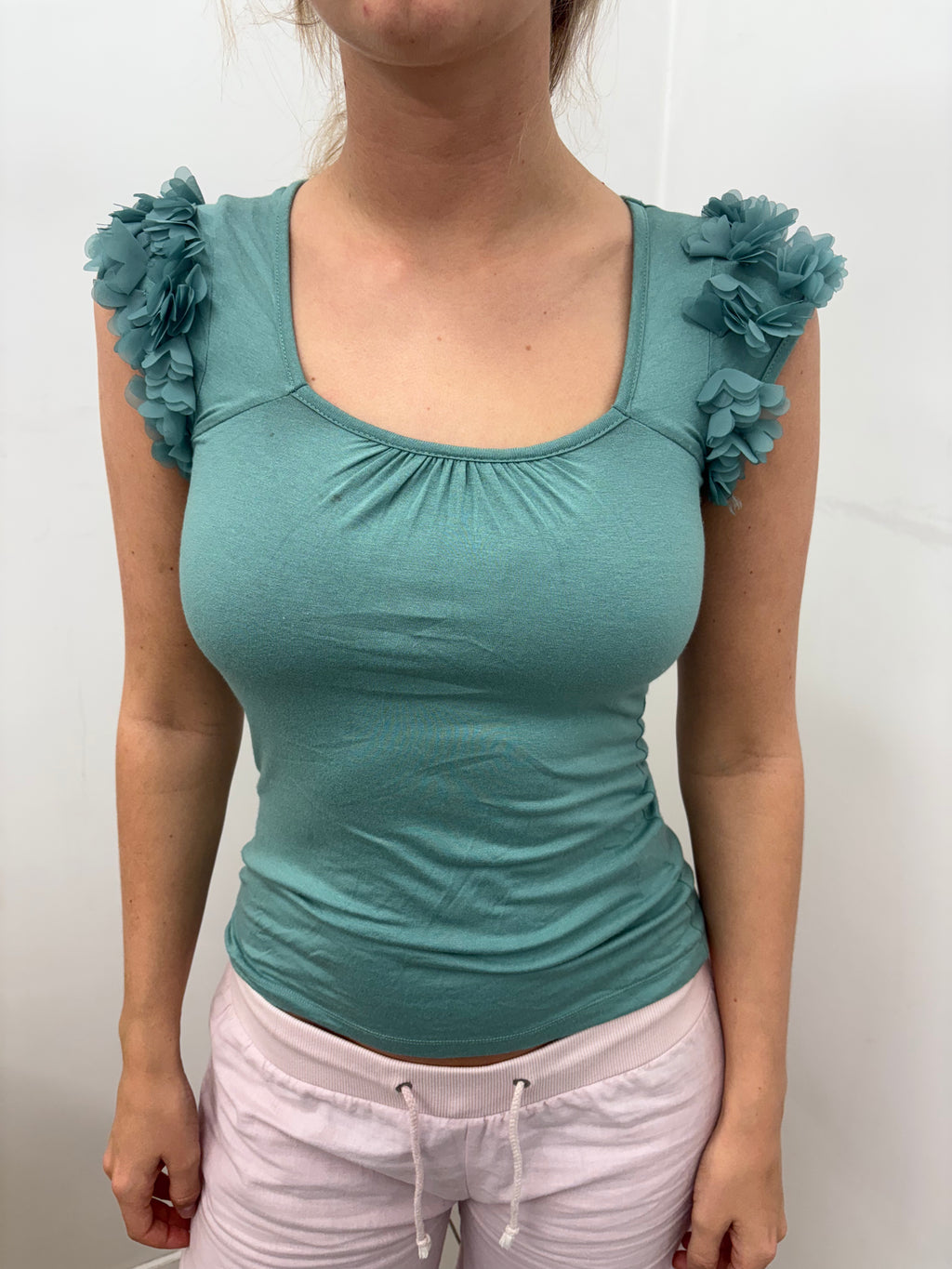 Teal Ruched 3D Floral Shoulder Fitted Top