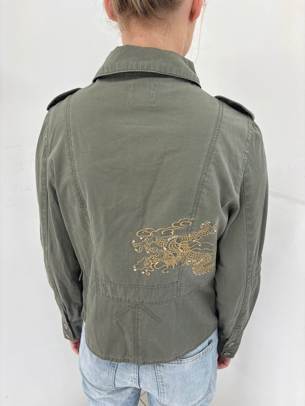 Olive Green Military Jacket with Embroidered Dragon