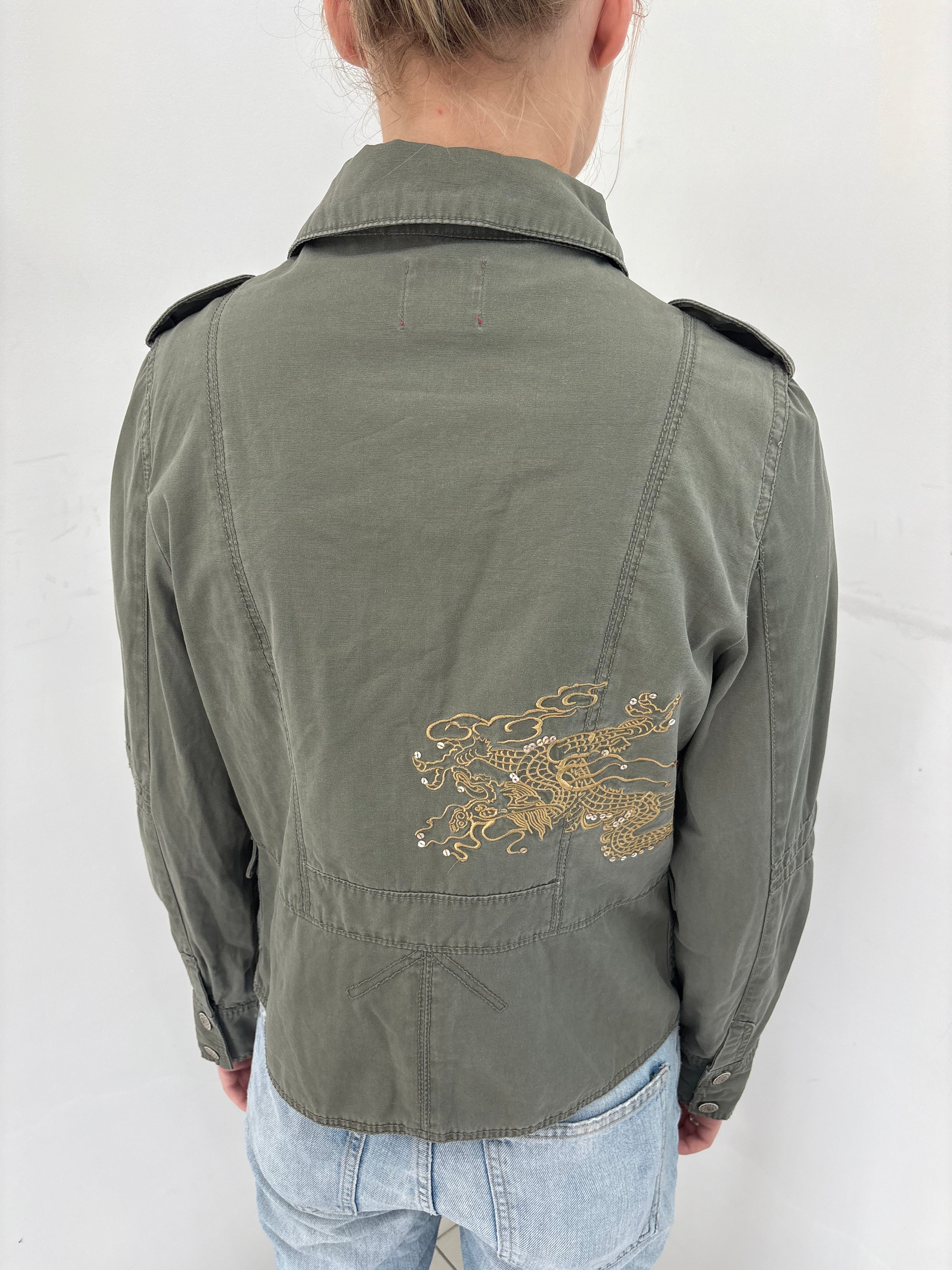Olive Green Military Jacket with Embroidered Dragon
