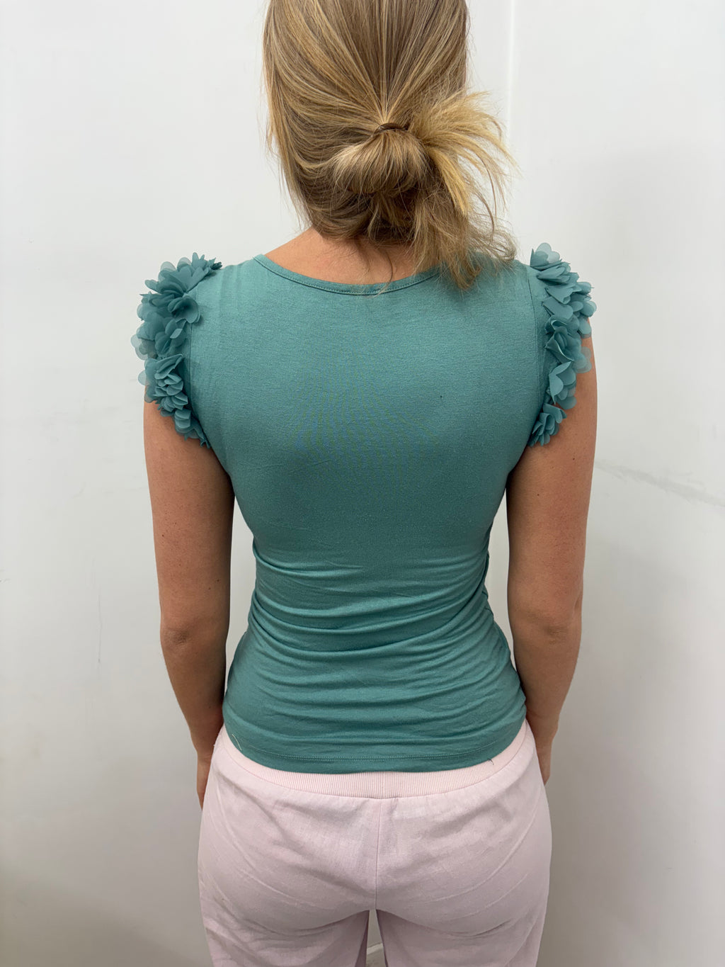 Teal Ruched 3D Floral Shoulder Fitted Top