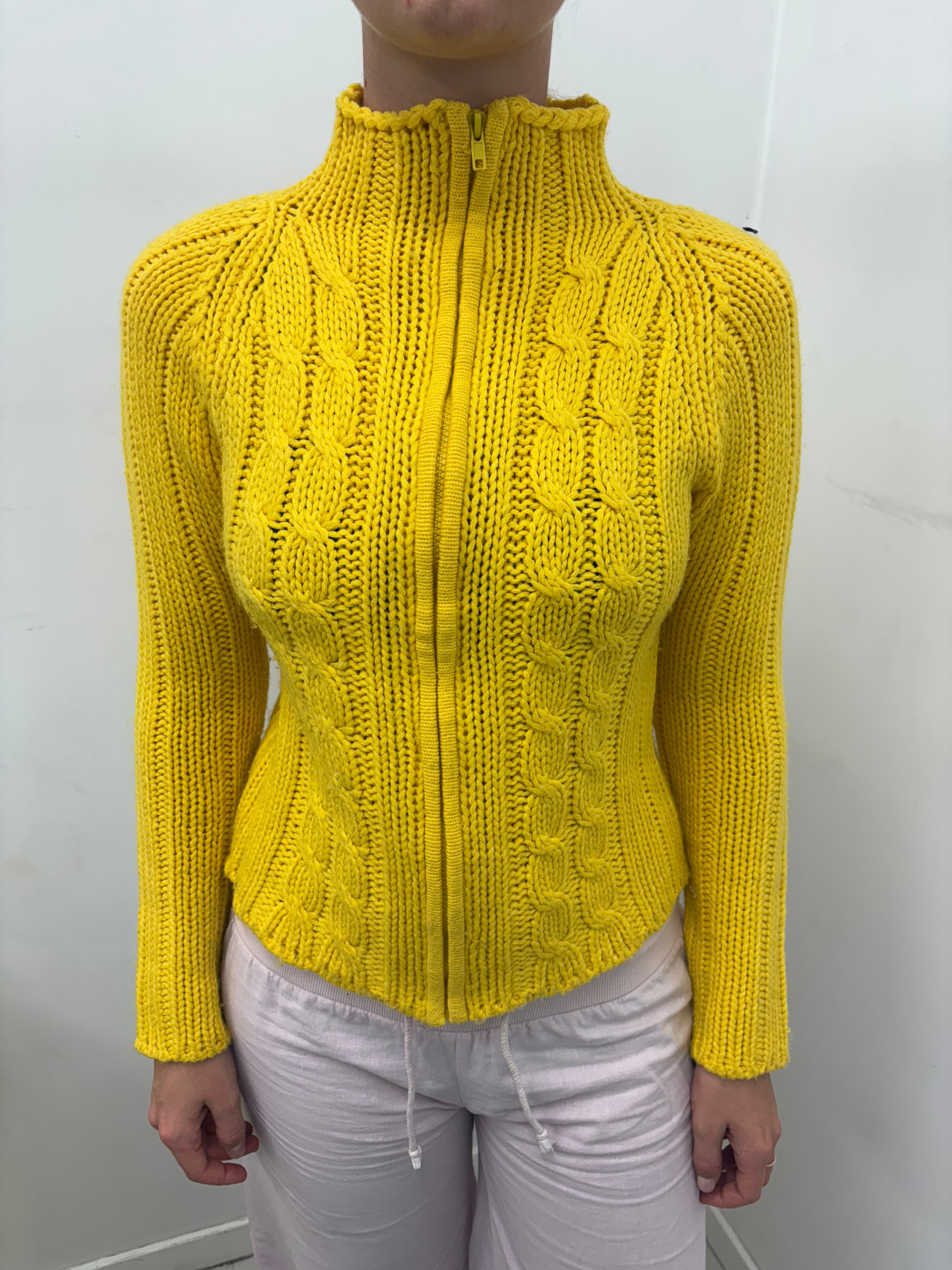Sunshine Yellow Cable-Knit Zip-Up Cardigan