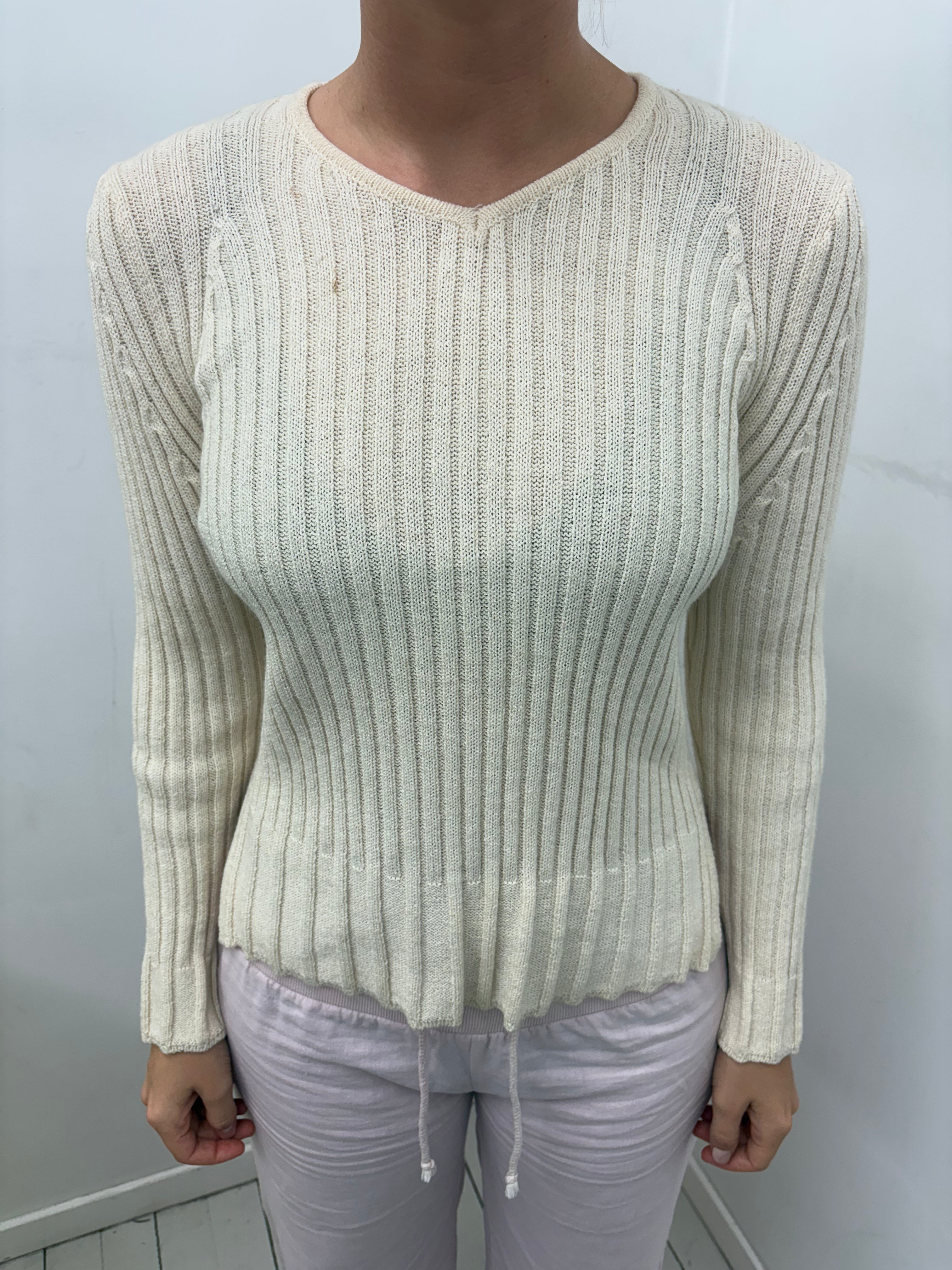 Cream Ribbed Cable-Knit V-Neck Sweater
