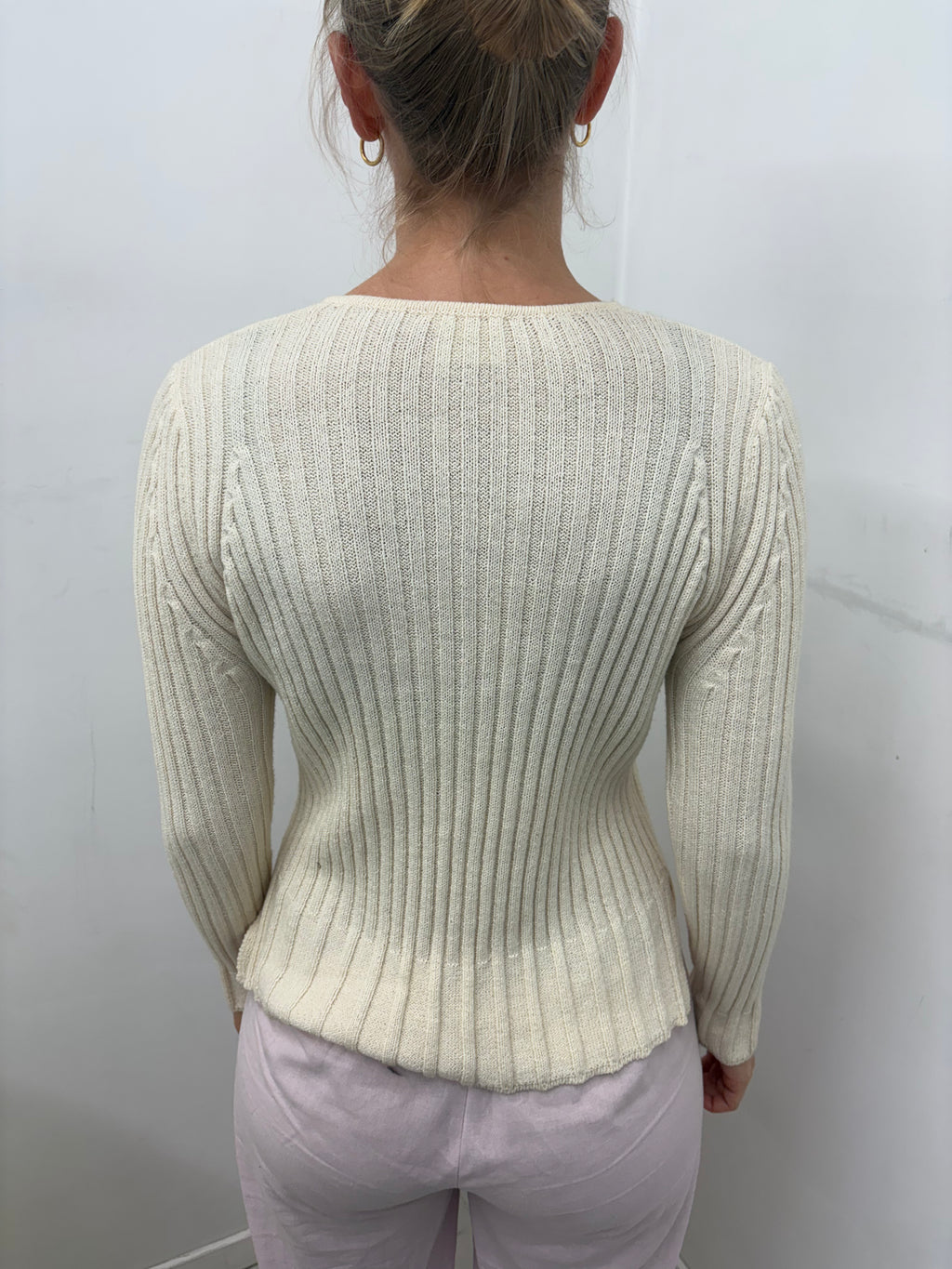 Cream Ribbed Cable-Knit V-Neck Sweater