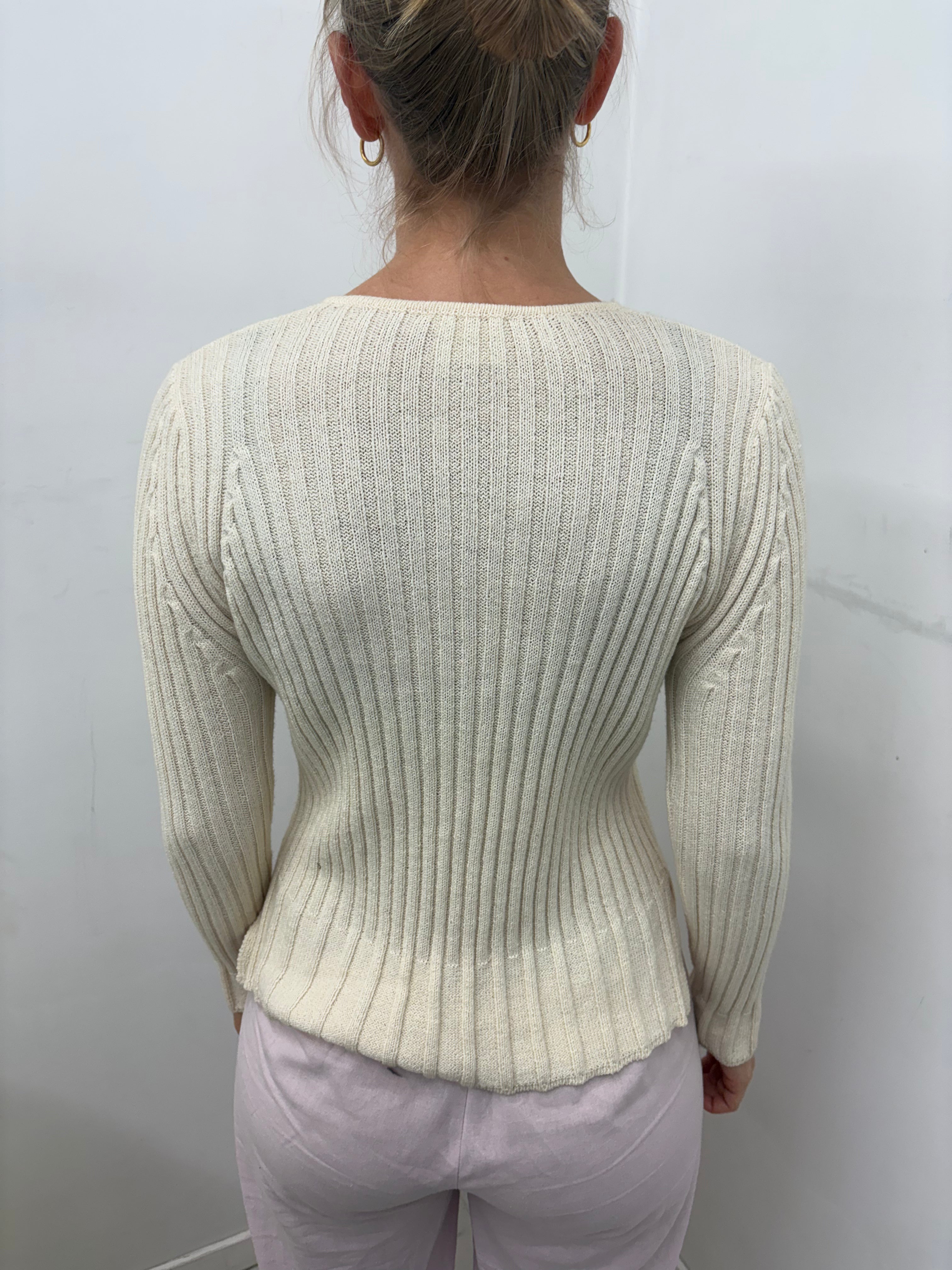 Cream Ribbed Cable-Knit V-Neck Sweater