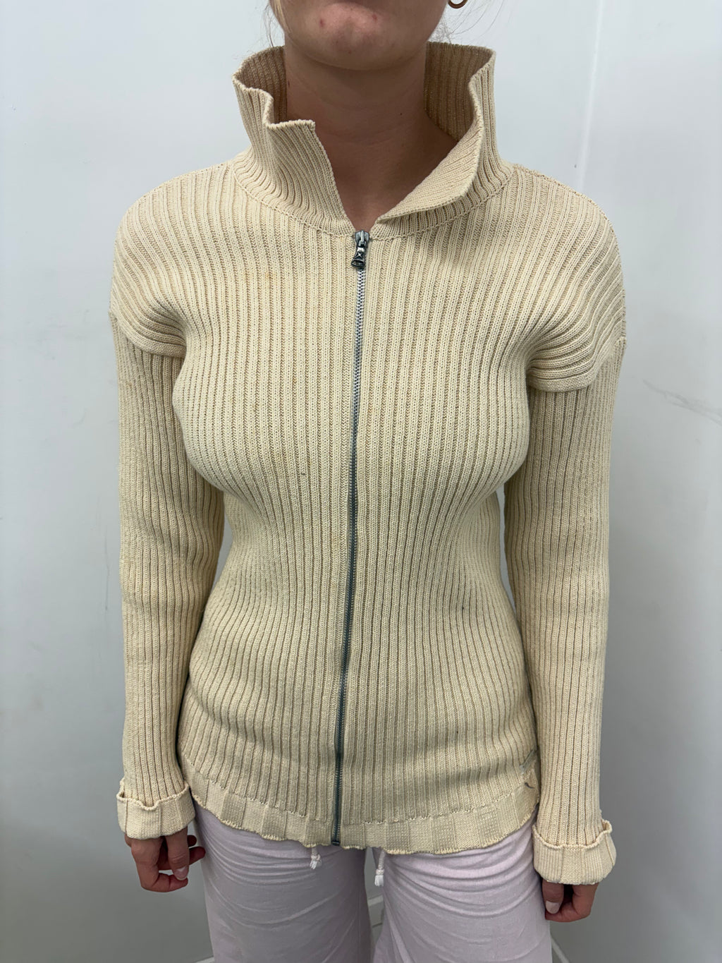 Cream Chunky Ribbed Zip-Up High-Neck Cardigan