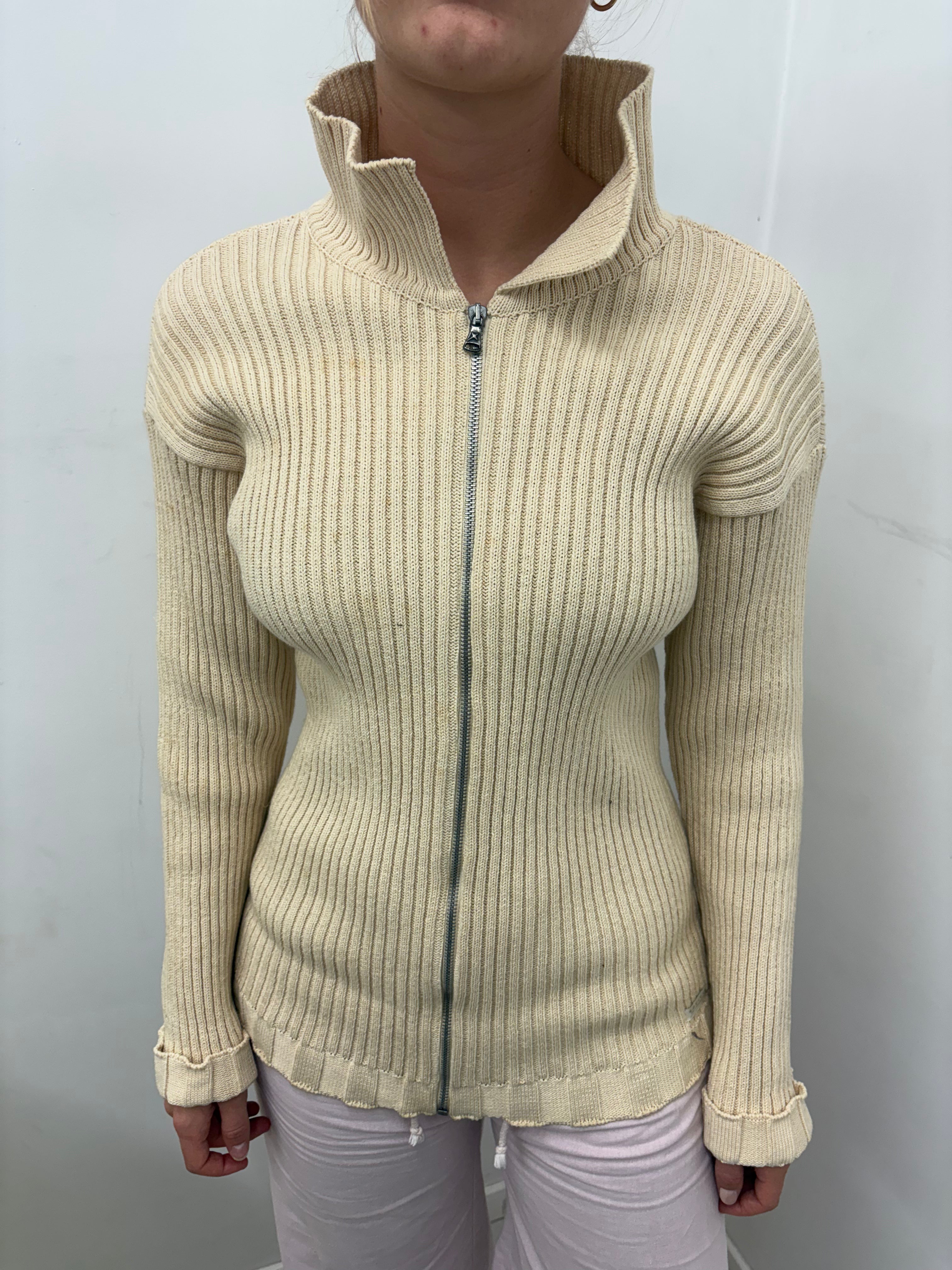 Cream Chunky Ribbed Zip-Up High-Neck Cardigan