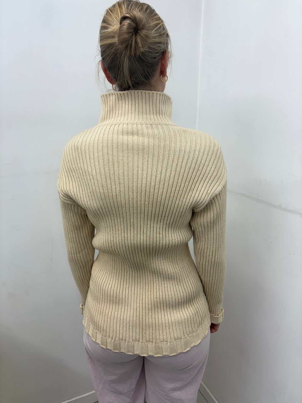 Cream Chunky Ribbed Zip-Up High-Neck Cardigan