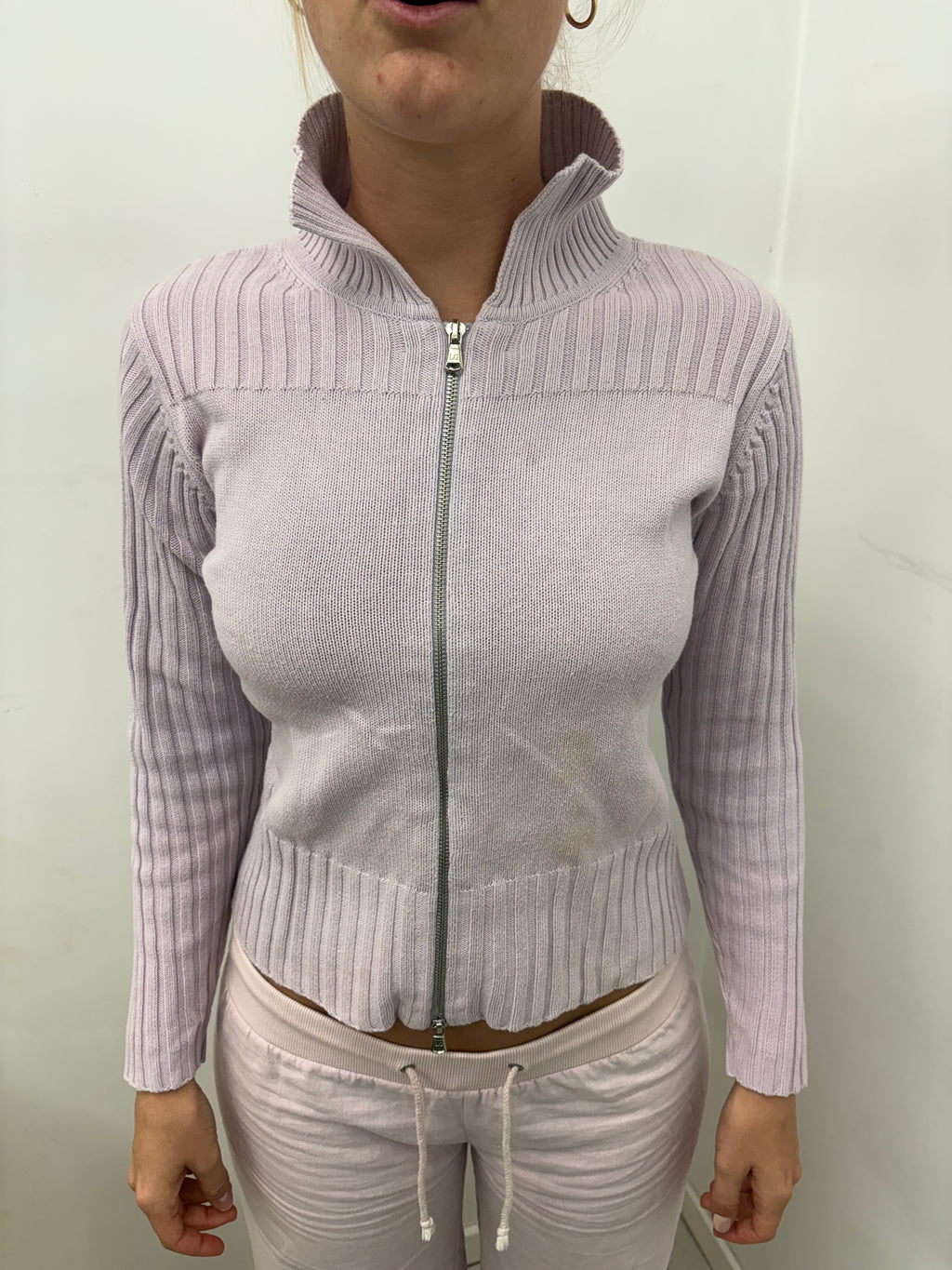 Pink Ribbed Knit Fitted Zip-Up Cardigan