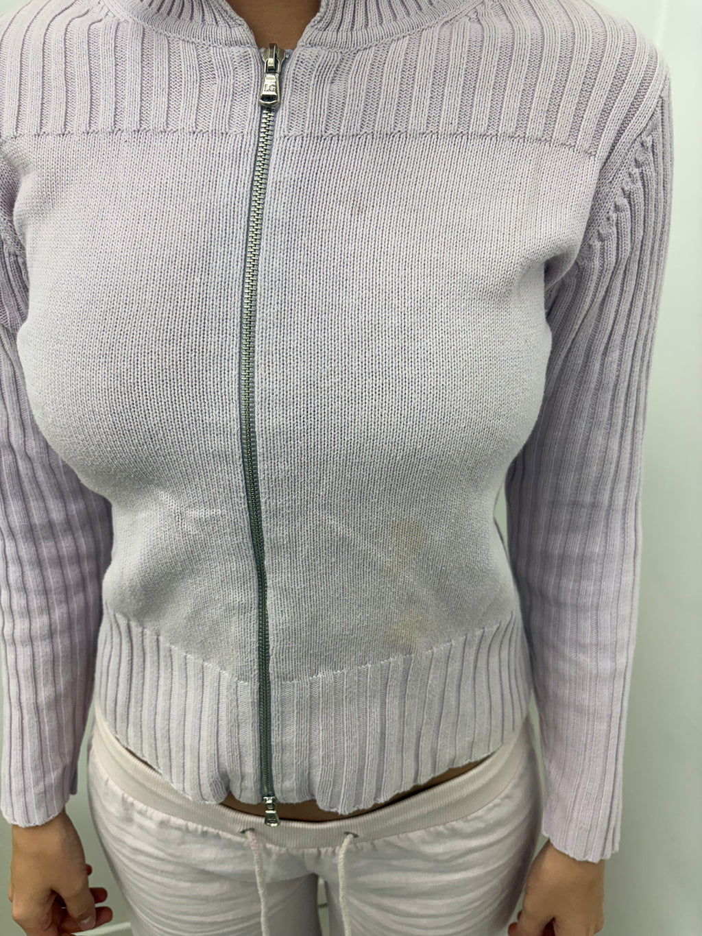 Pink Ribbed Knit Fitted Zip-Up Cardigan