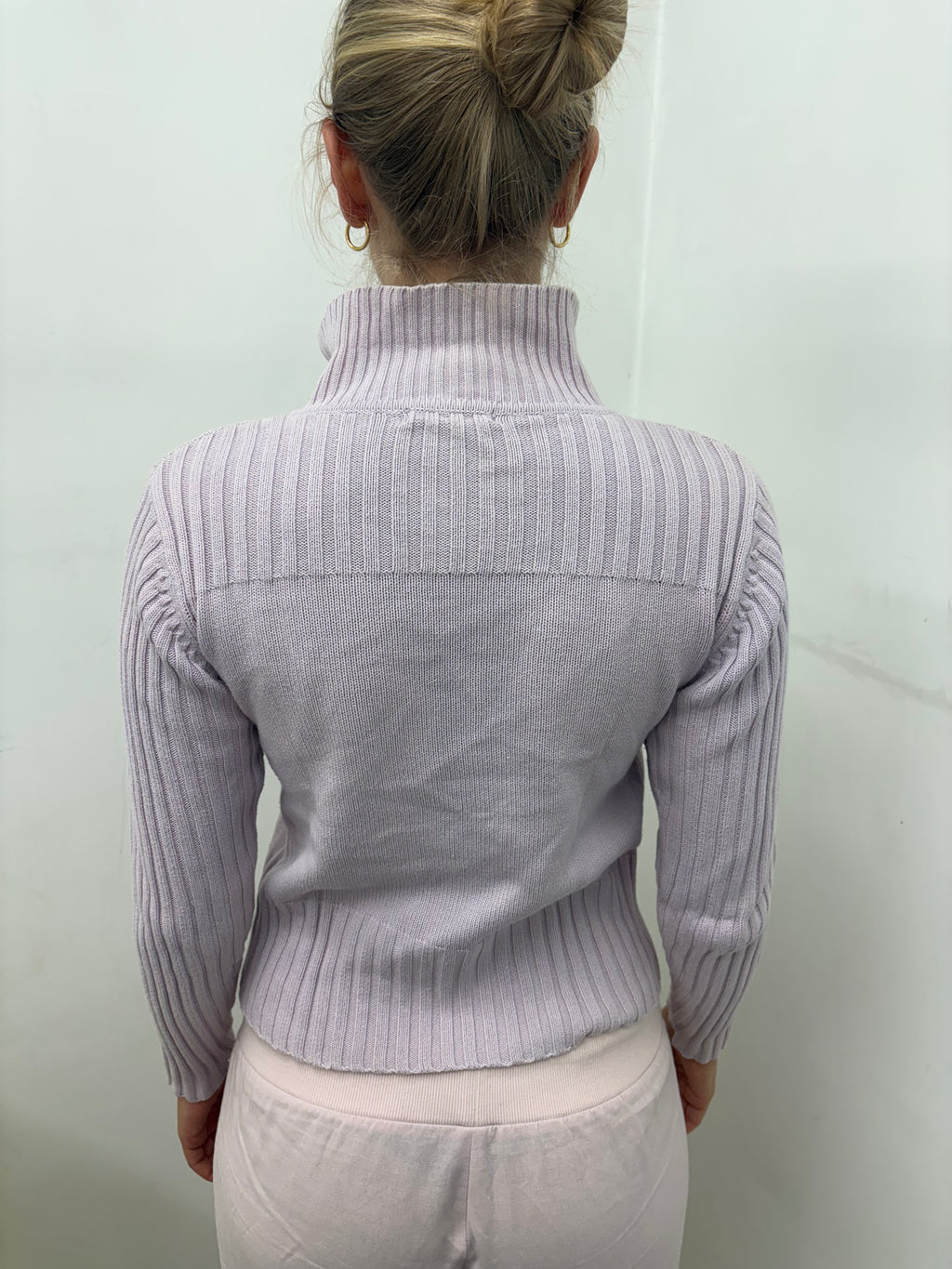 Pink Ribbed Knit Fitted Zip-Up Cardigan
