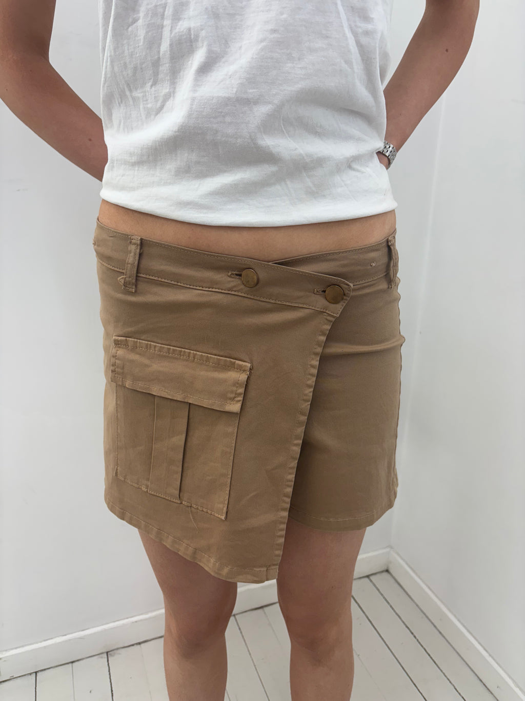 Beige Cargo Skort with Asymmetric Y2K Waist