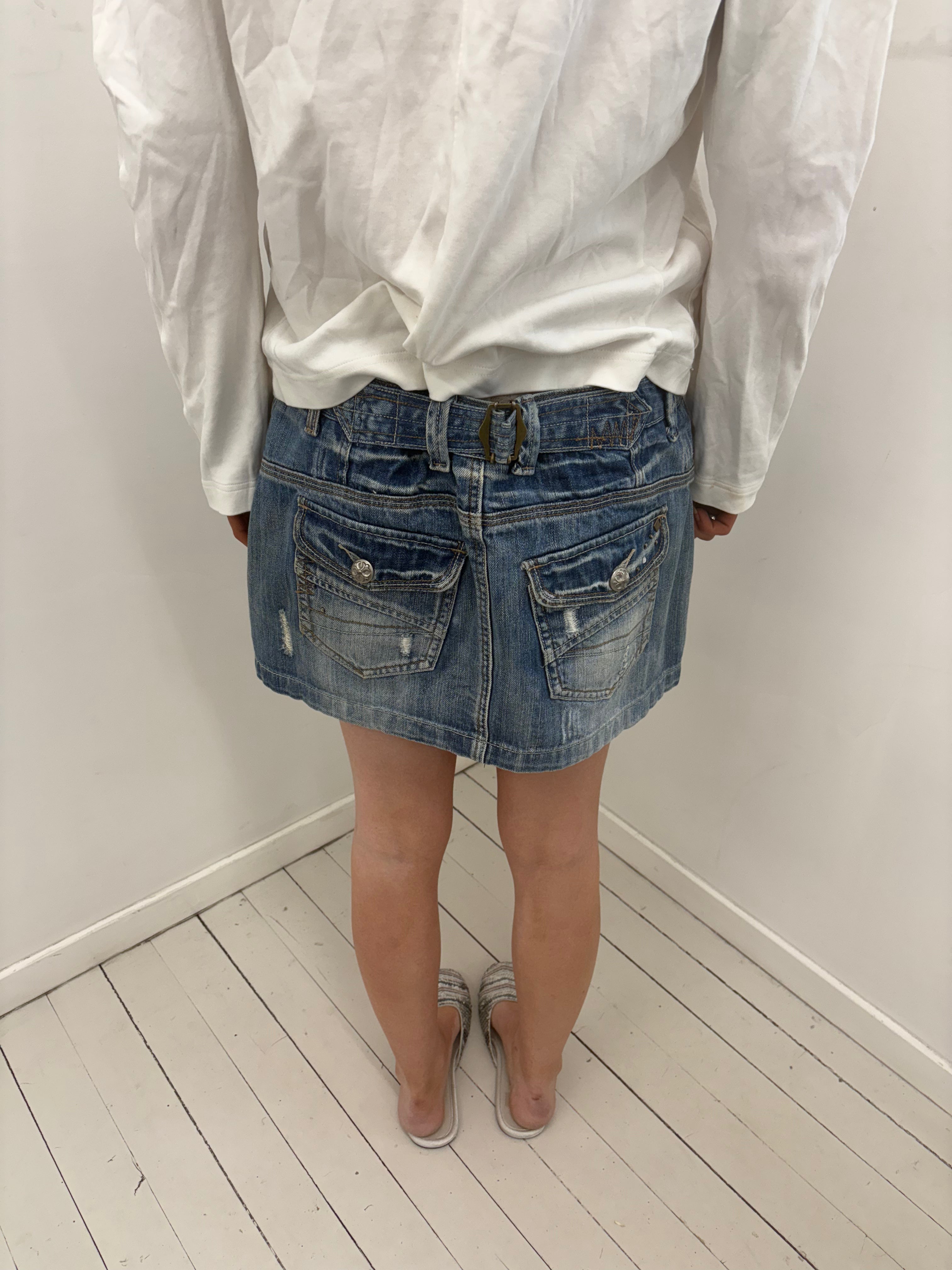 Y2K Distressed Denim Mini Skirt with Back Belt Detail