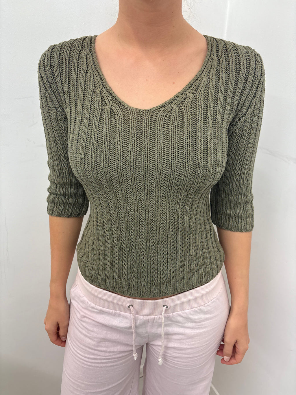 Olive Green Chunky Ribbed V-Neck Crop Sweater
