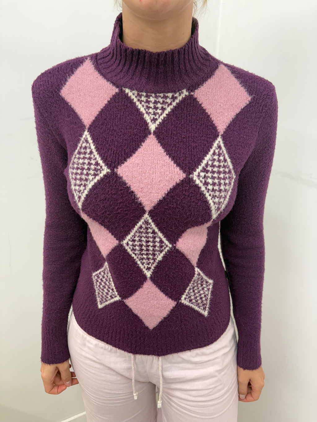 Purple Argyle Fluffy Knit Turtleneck Sweater