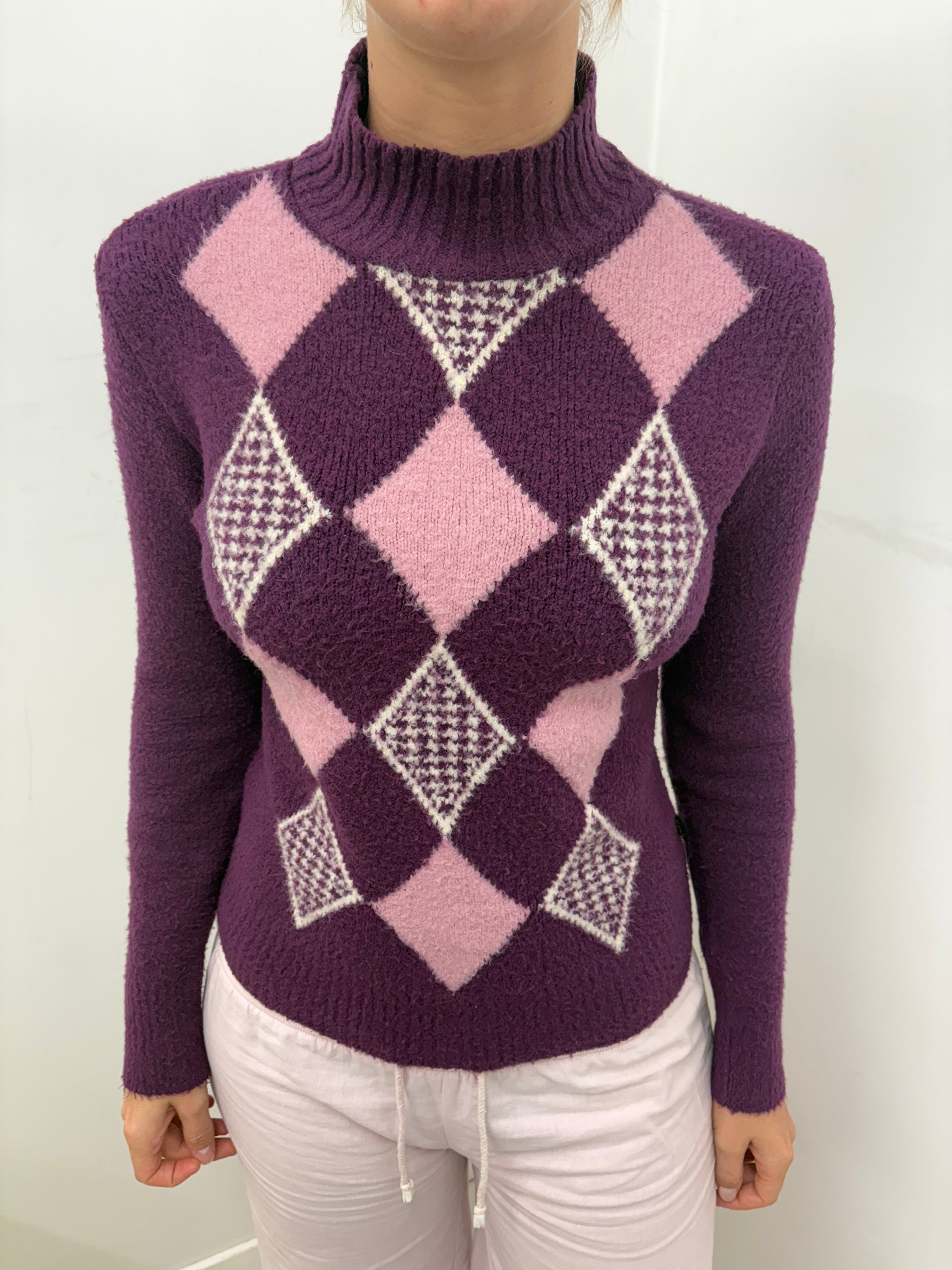 Purple Argyle Fluffy Knit Turtleneck Sweater