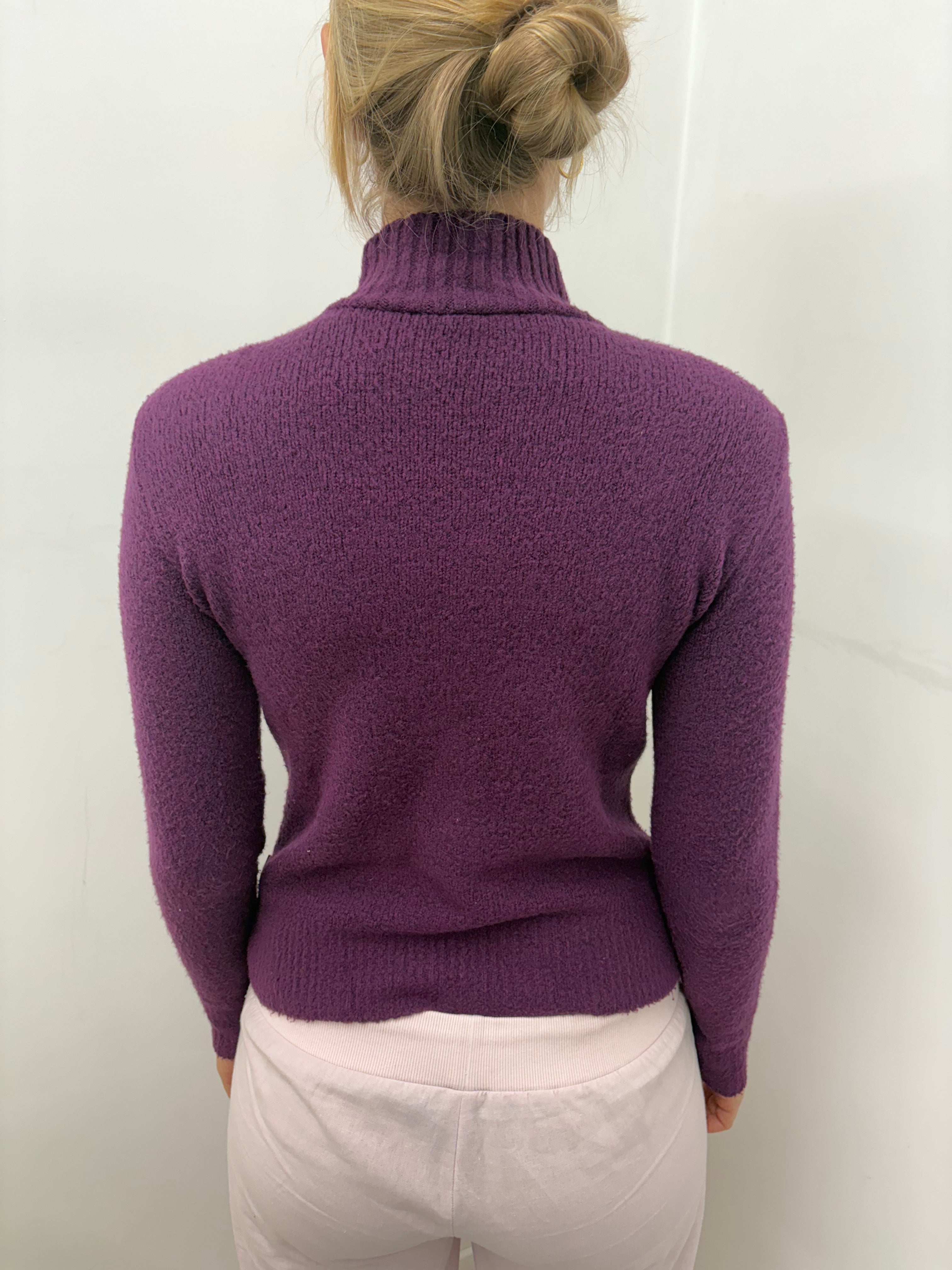 Purple Argyle Fluffy Knit Turtleneck Sweater