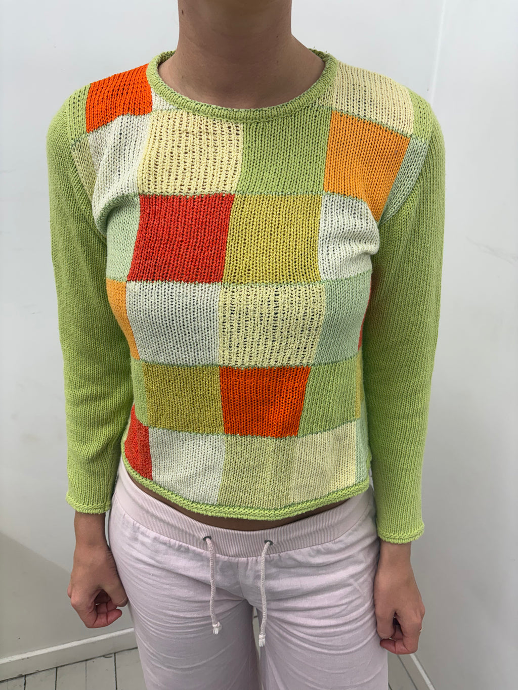 Lime Green Colourblock Patchwork Knit Sweater