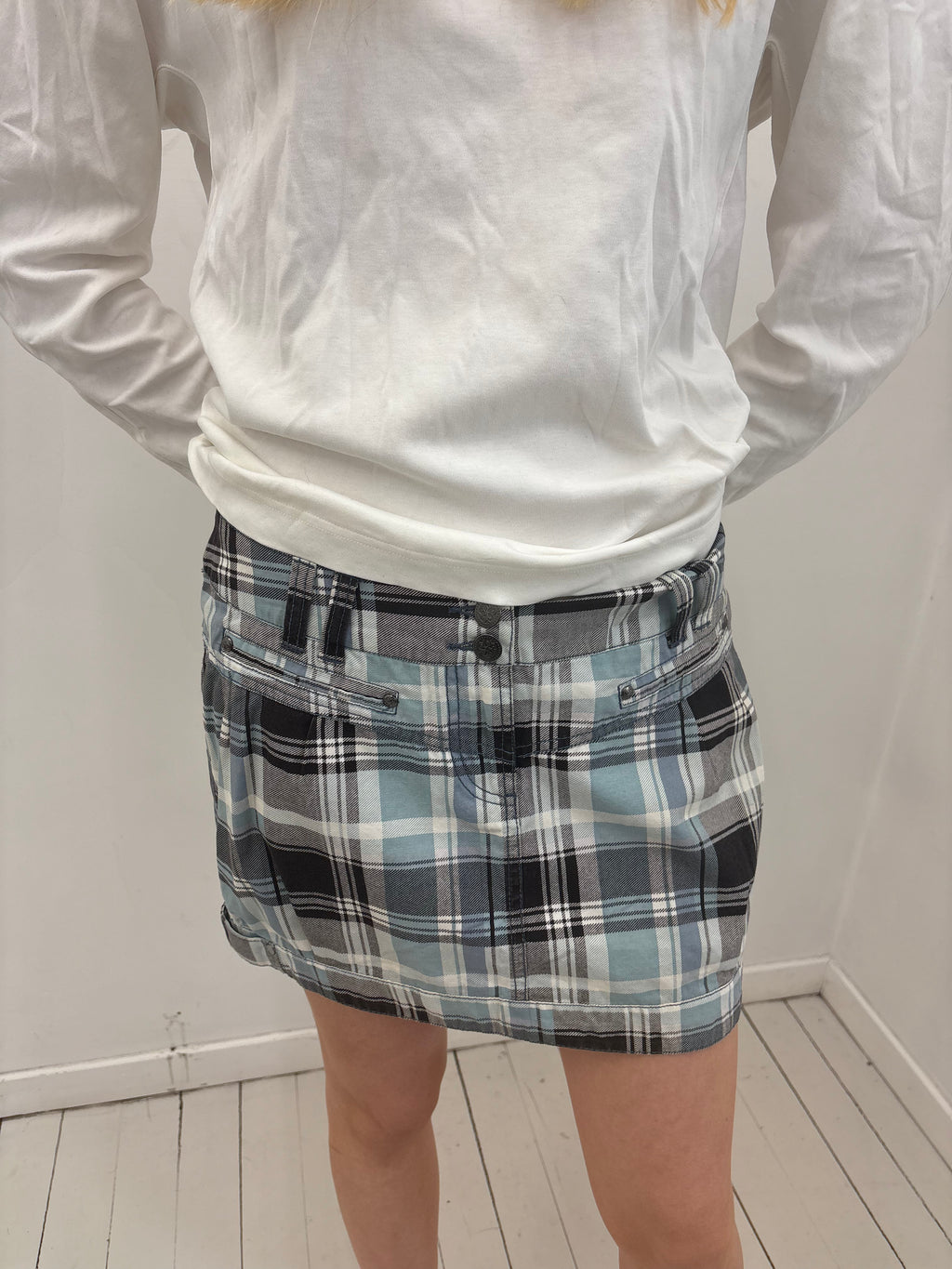 Y2K Blue Grey Plaid Low Rise Mini Skirt