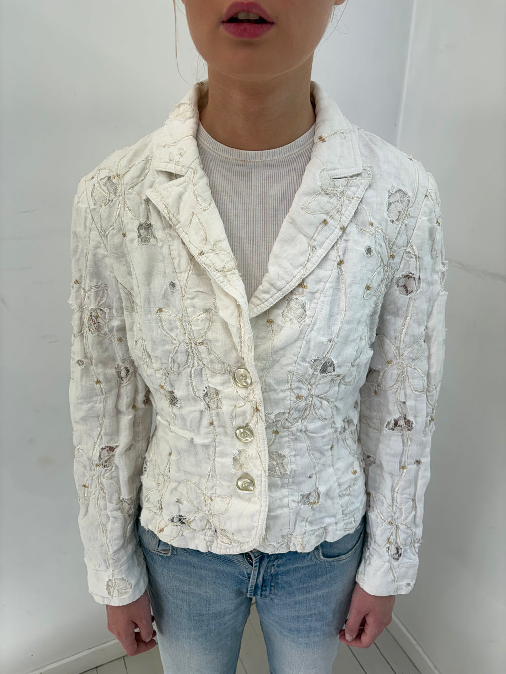 White Floral Embroidered Textured Blazer