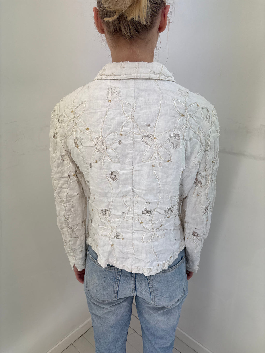 White Floral Embroidered Textured Blazer