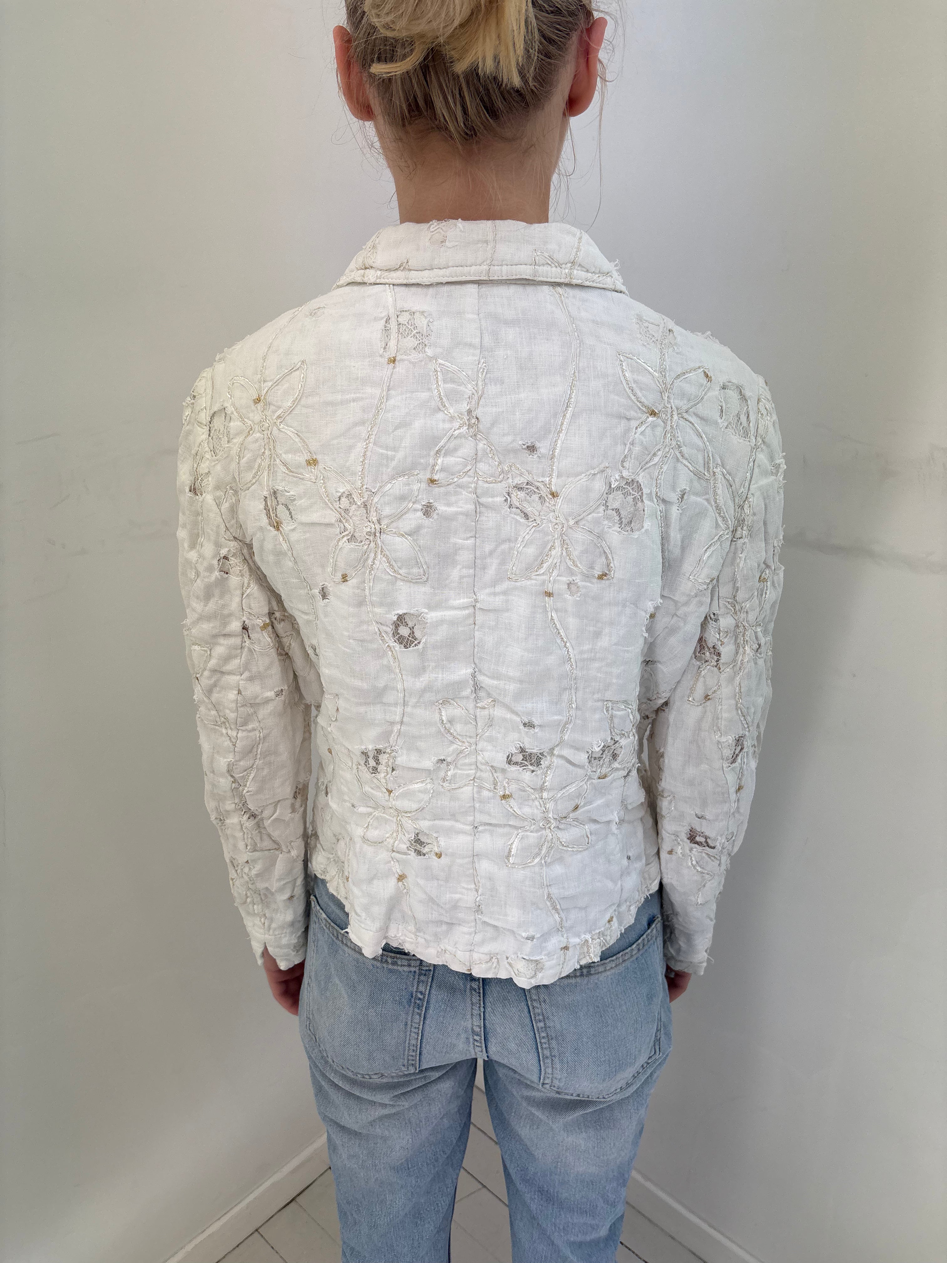 White Floral Embroidered Textured Blazer