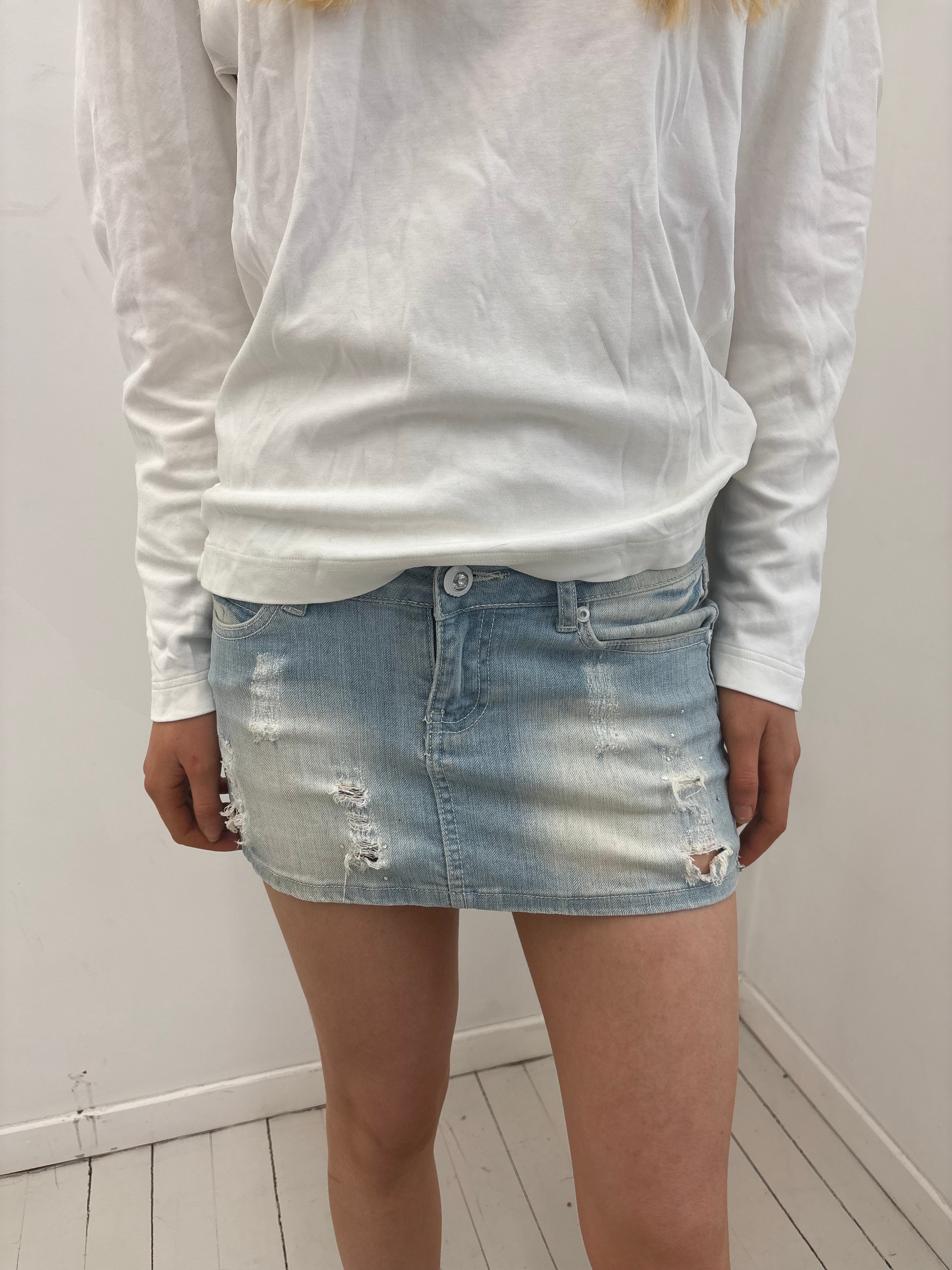 Y2K Light Wash Distressed Micro Denim Skirt