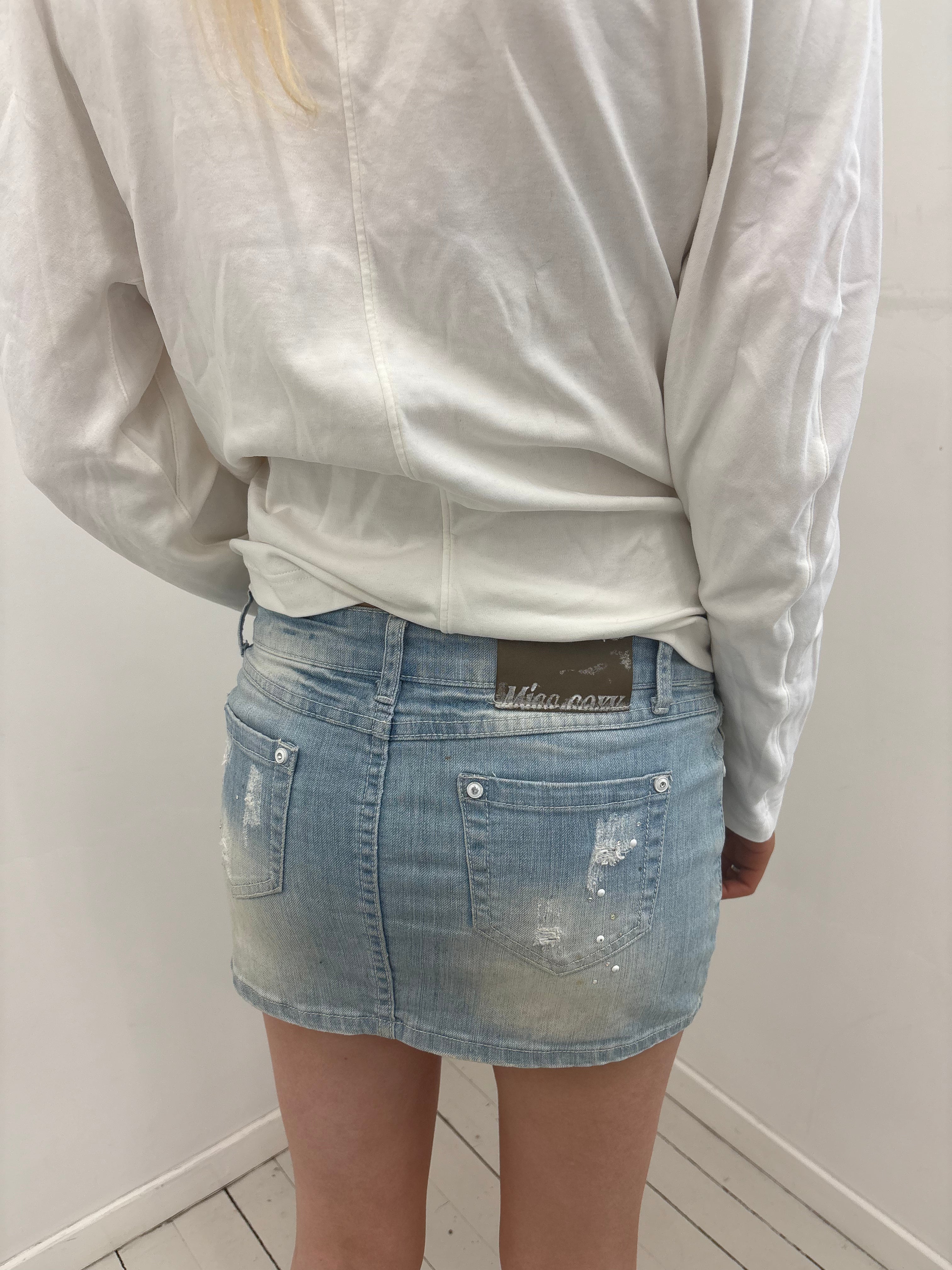 Y2K Light Wash Distressed Micro Denim Skirt