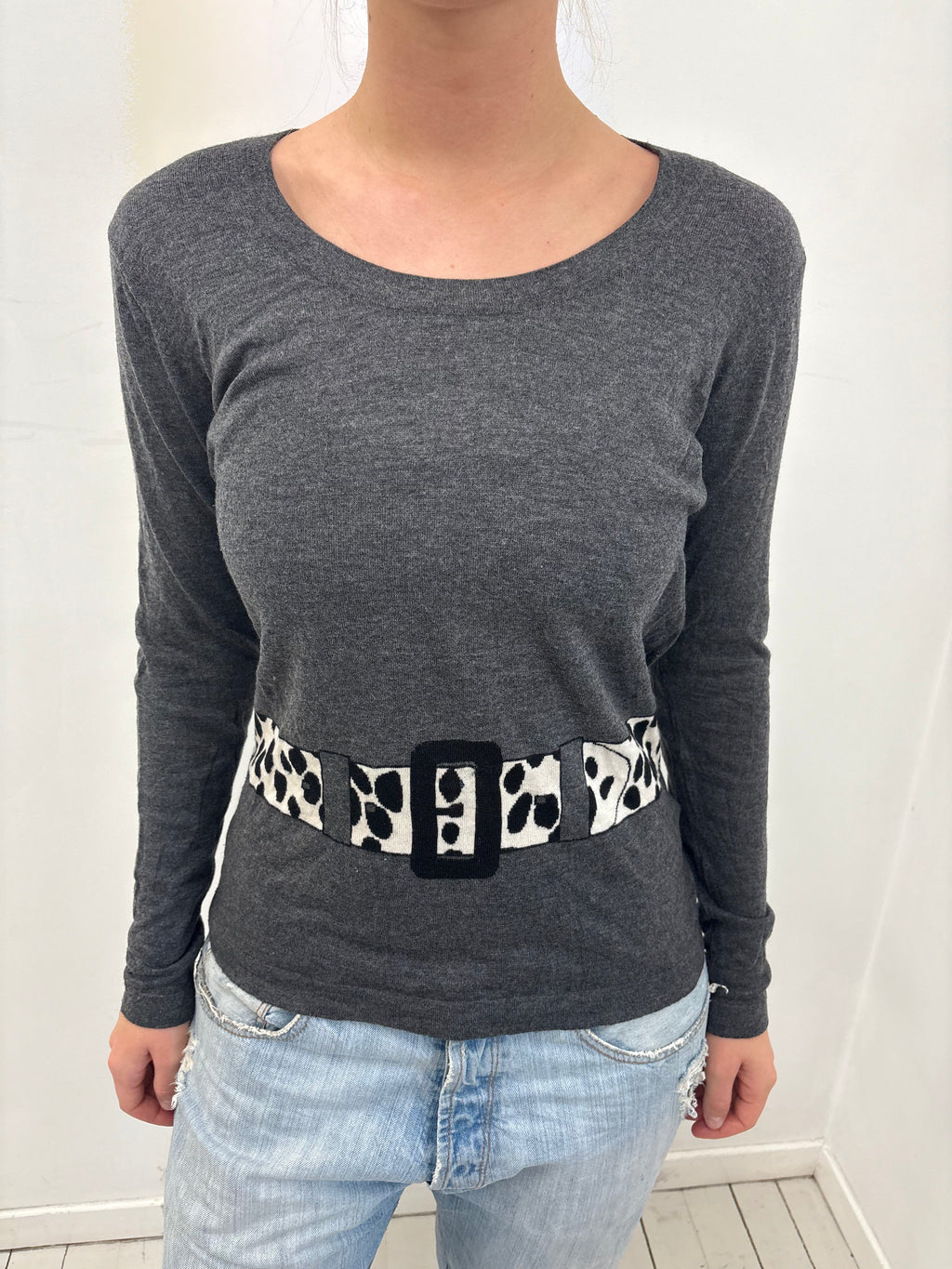 Grey Belt Print Long Sleeve Y2K Top