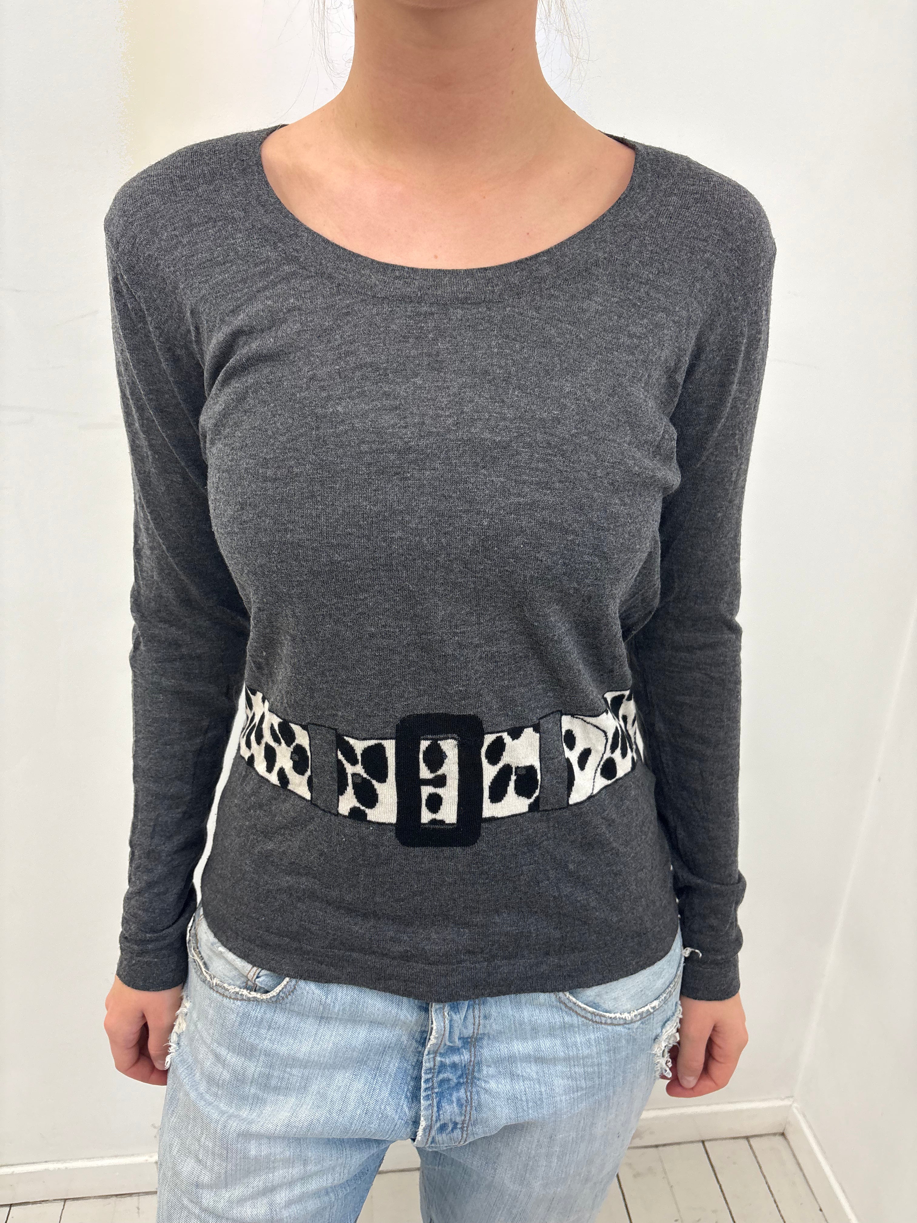 Grey Belt Print Long Sleeve Y2K Top
