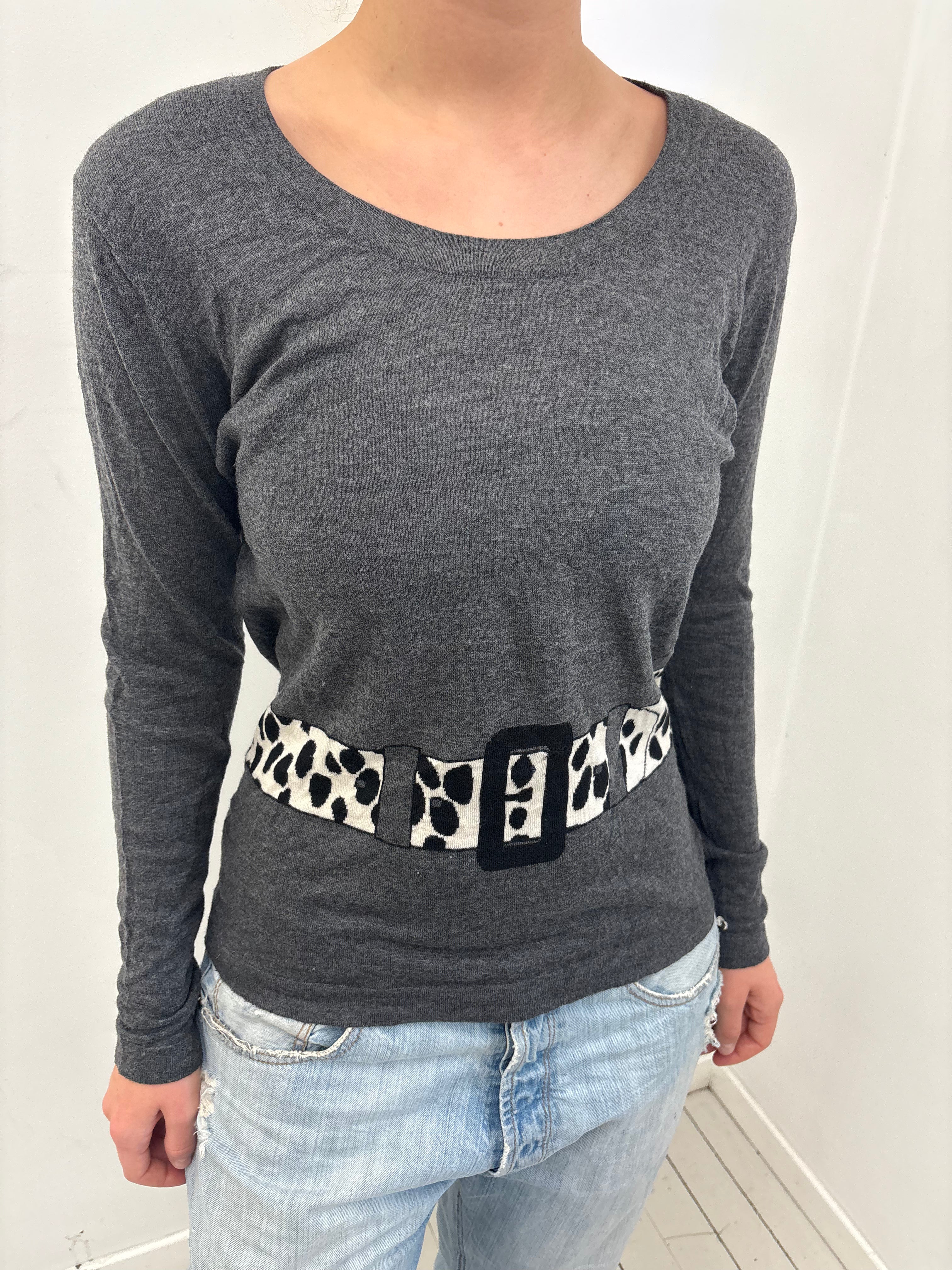 Grey Belt Print Long Sleeve Y2K Top
