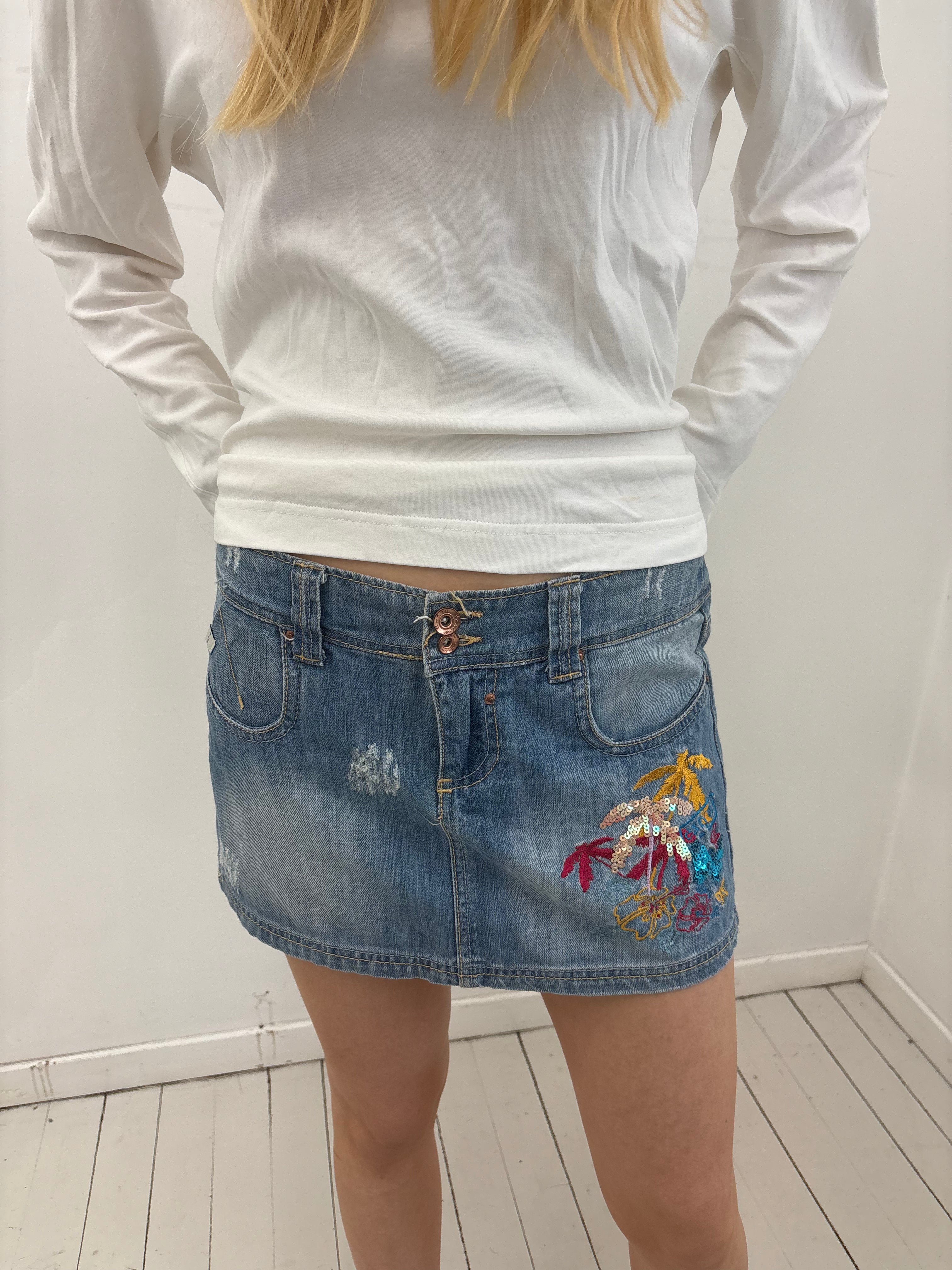 Y2K Embroidered Sequin Low Rise Denim Mini Skirt