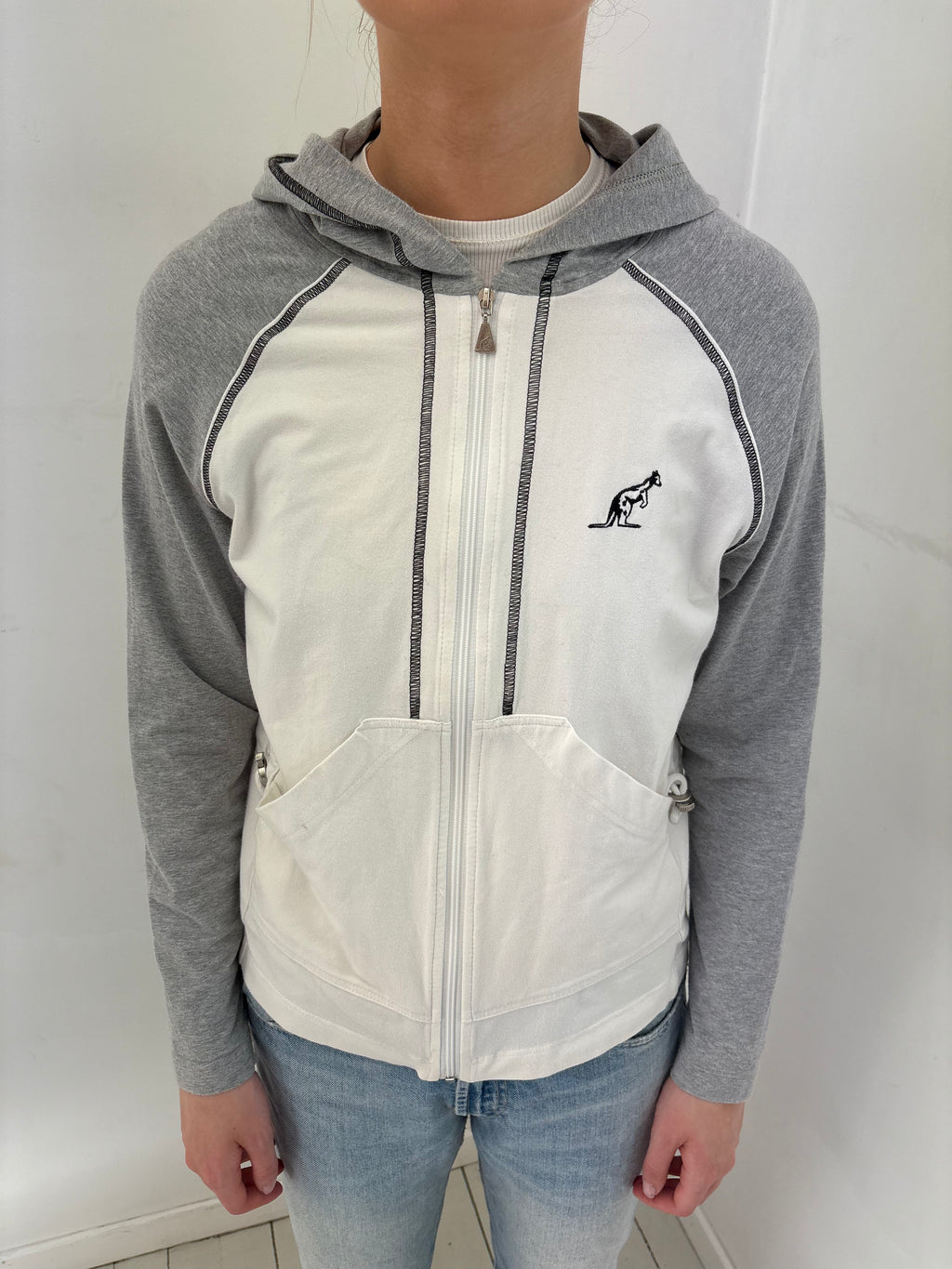 Grey & White Colorblock Zip Hoodie
