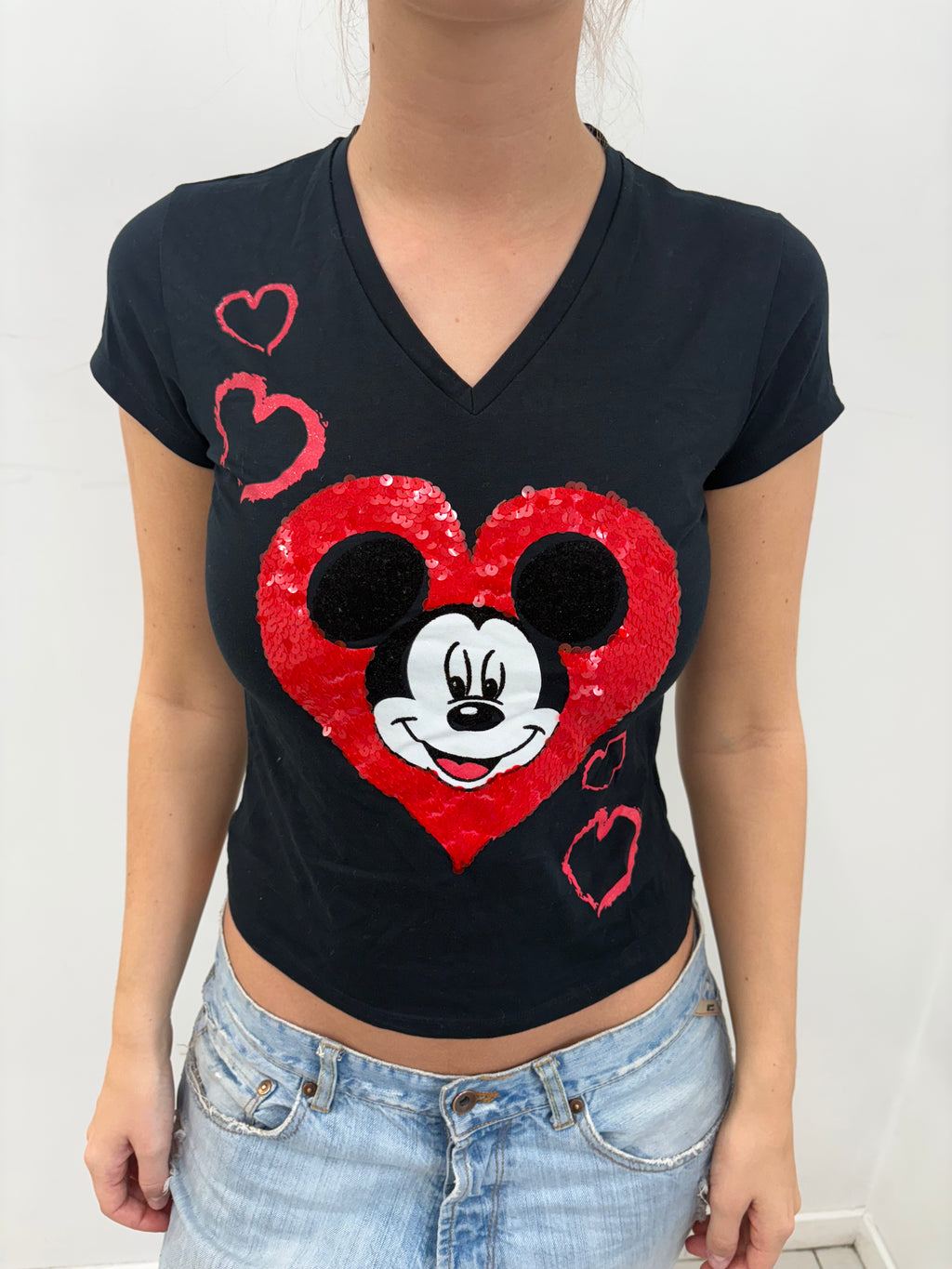 Disney Mickey Mouse Sequin Heart Fitted Tee