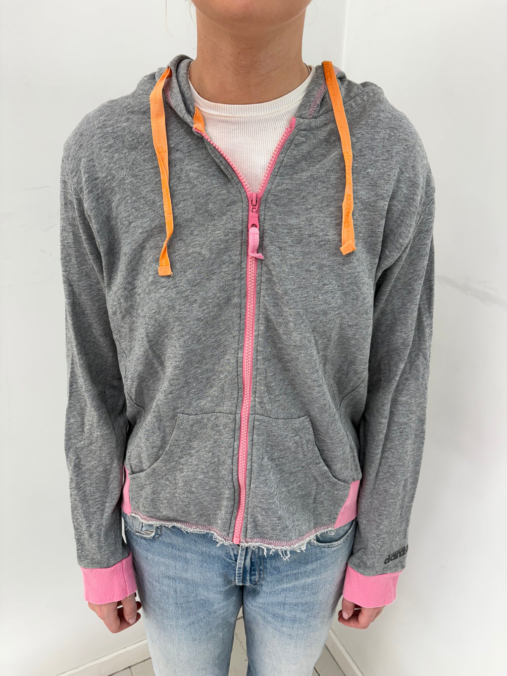Grey Zip Hoodie with Pink & Orange Drawstrings