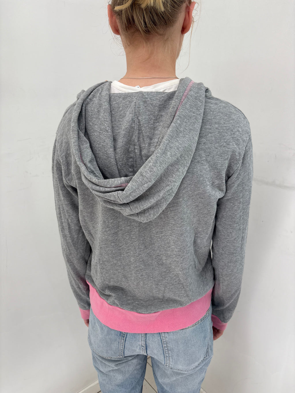 Grey Zip Hoodie with Pink & Orange Drawstrings