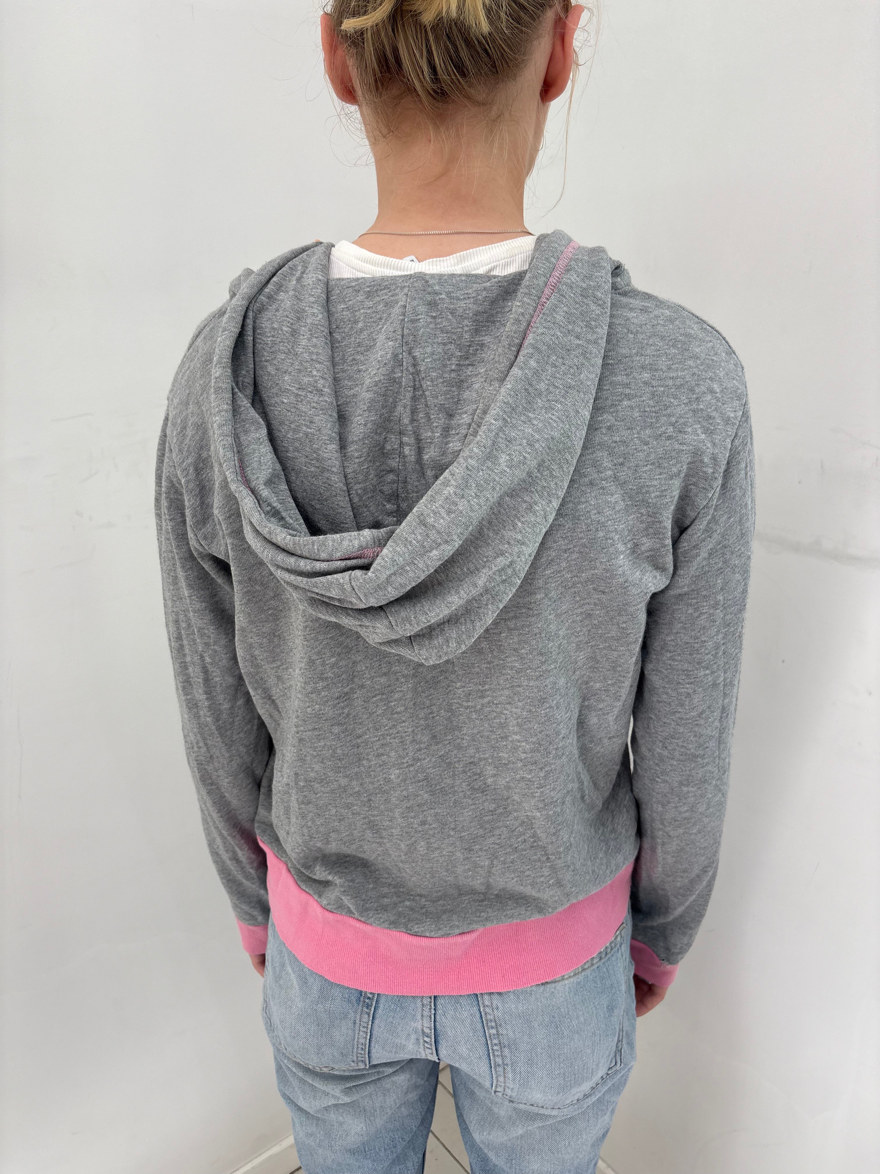 Grey Zip Hoodie with Pink & Orange Drawstrings